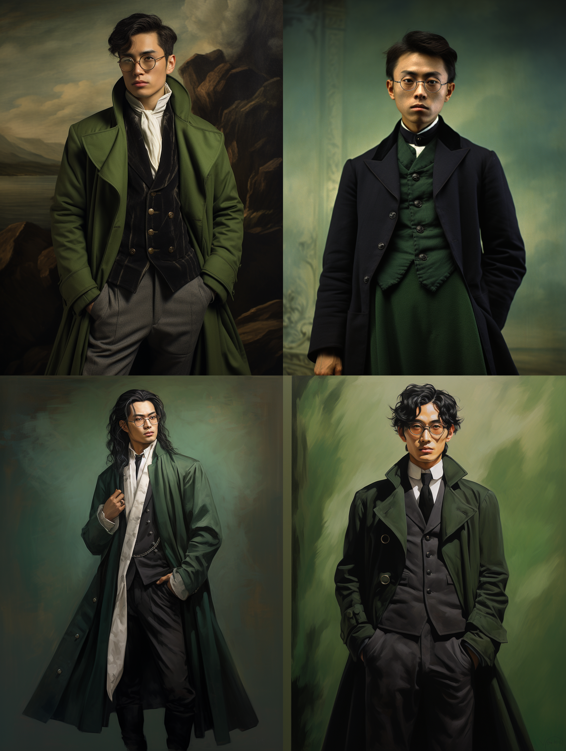 enerate an image of a young man of chinese descent, adorned with glasses and having quite long, wavy black hair，little round faced. his attire is styled in the fashion of the early 20th century. he is draped in a deep green long trench coat over a crisp white shirt and black velvet vest, paired with black riding pants and long riding boots. he is holding a crystal in his hand. the man is standing in a stunning cave, the entirety of which glistens with numerous crystals.