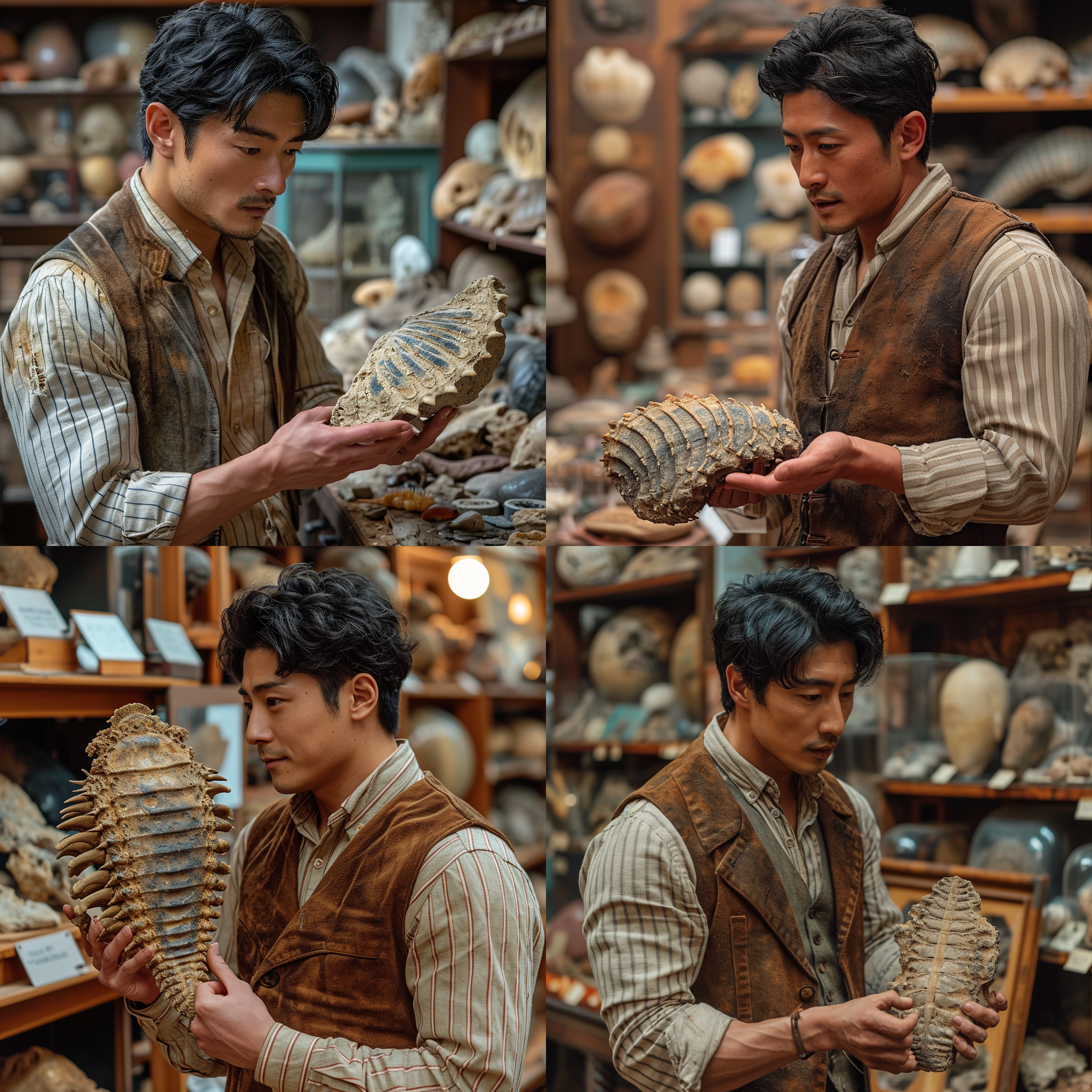 create an image of a young and handsome east asian man with neat black hair parted to one side. he is wearing a khaki-striped shirt and a brown suede waistcoat. he is carefully examining a trilobite fossil held in his hand, and his eyes display intense curiosity and focus. he is located in a place made to resemble a paleontological museum, which is filled with various old fossils and historical artifacts. the design and layout of the room exude a sense of aged elegance and antiquity.
