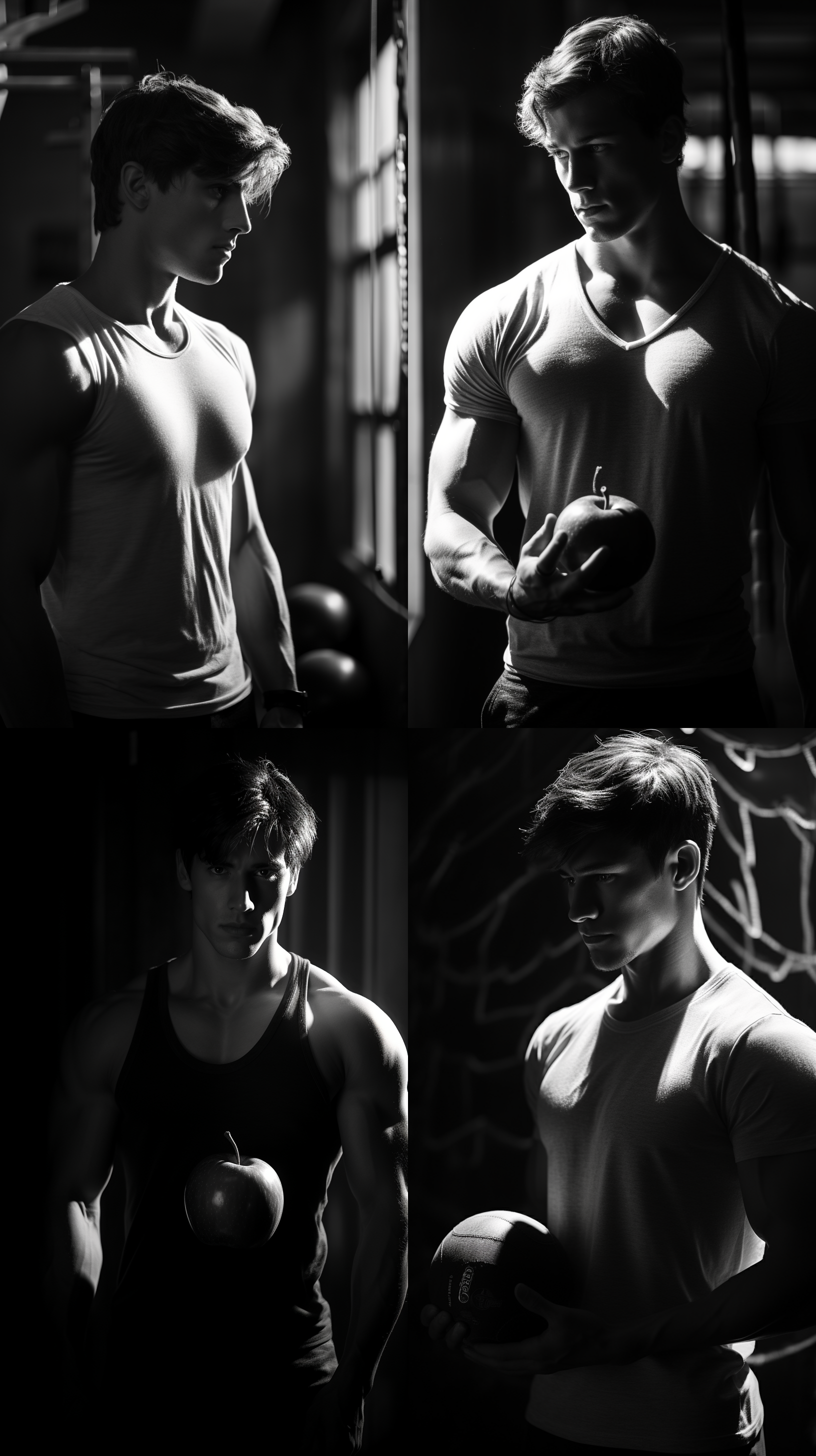帅哥展示喉结和肌肉，黑白风格，高清晰度，室内拍摄，逆光，健身房场景，广角镜头，强烈阴影，动作凝固，自信。