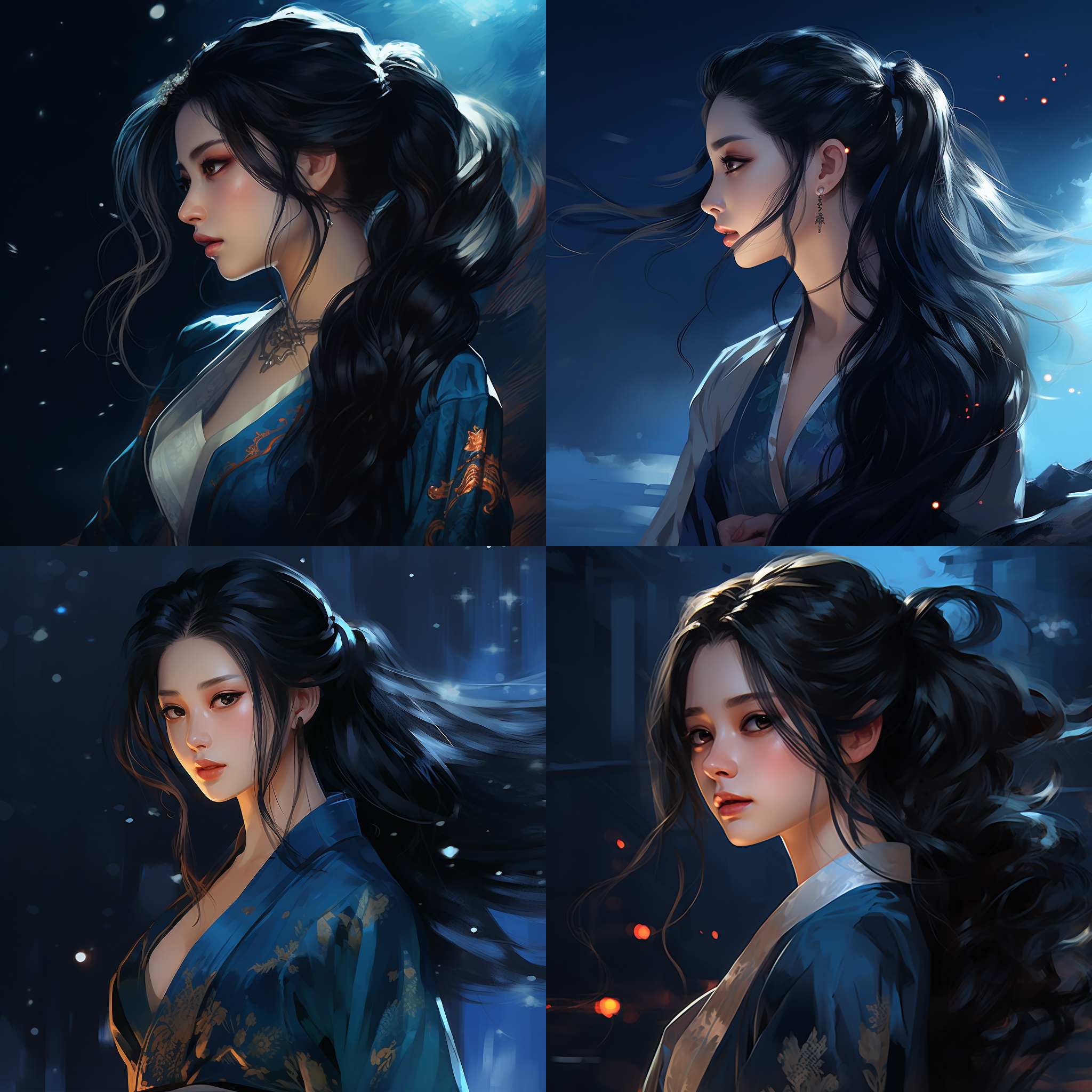 一个回头看镜头的中国美女，4分之3视角，面向镜头，侧视图,特写镜头，微笑，黑色长发，青色汉服，唐装，背景虚幻，夜景光，顶光，侧光，二次元，中国风插画