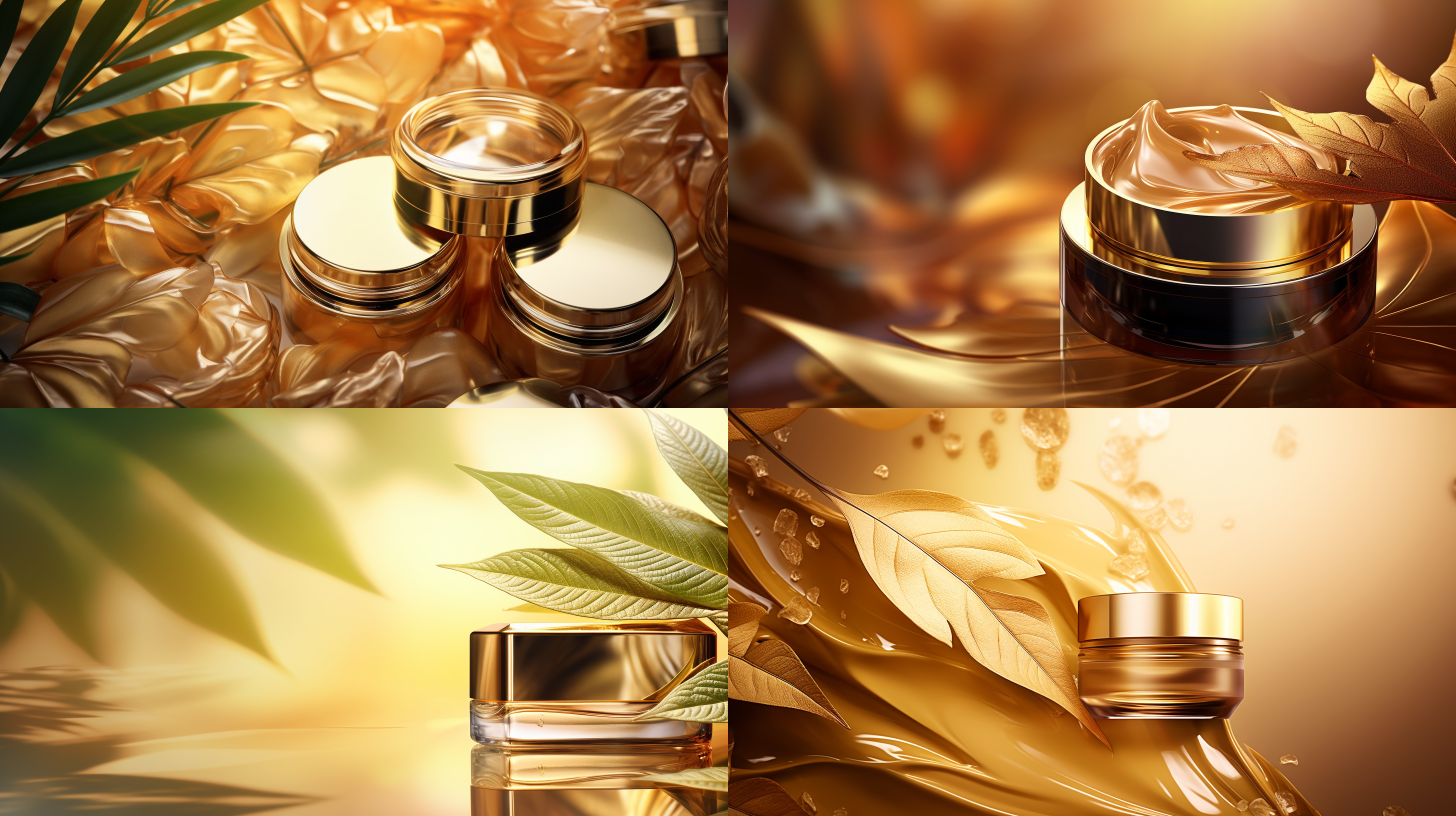 高端化妆品，金色背景，玻璃质感，树叶的阴影，超写实，现实风格，超高清
