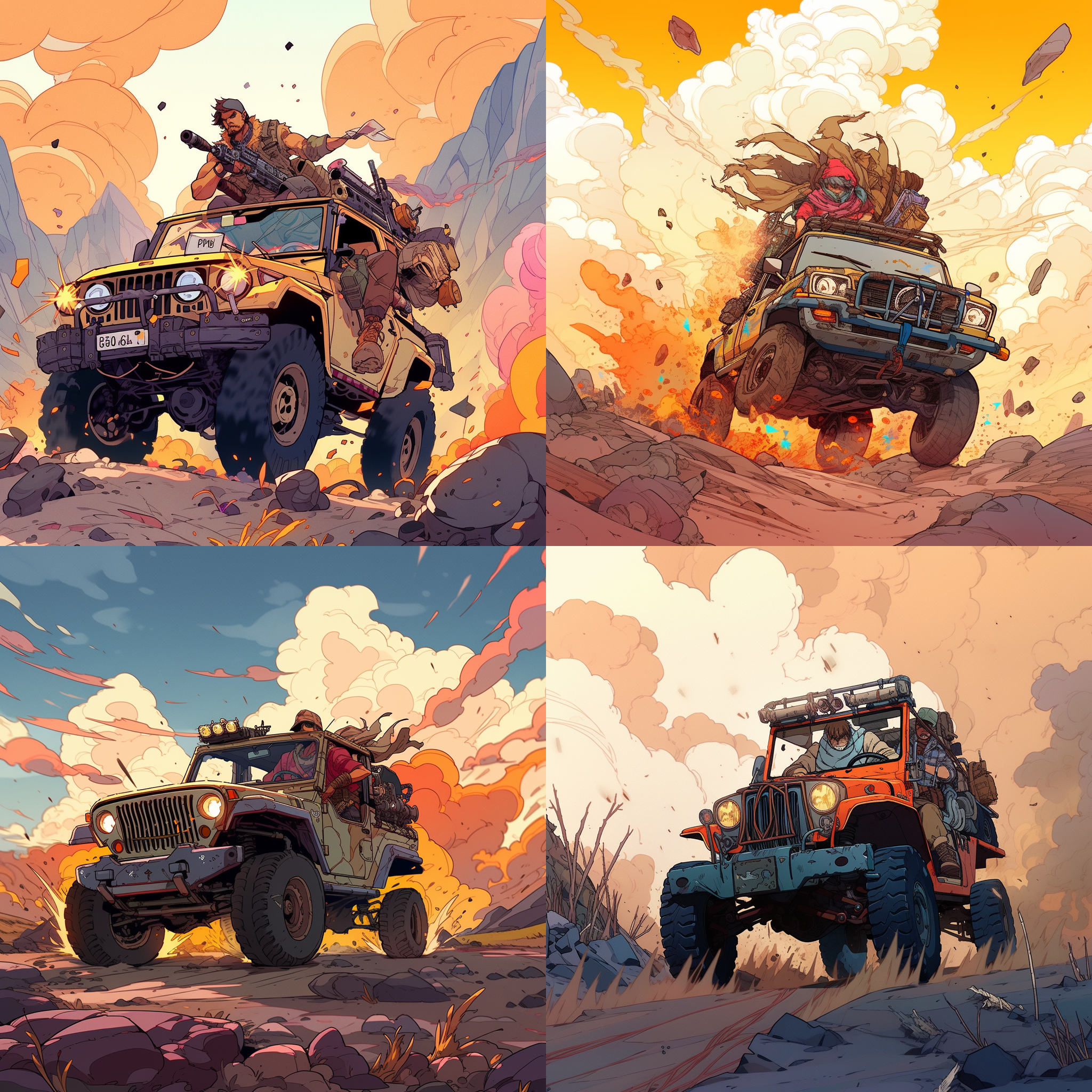 硬汉开越野车，拿左轮枪，旧日漫风格，斜侧角度，破旧景观，烟雾效果，高饱和度，宽屏比例，动感十足，冒险精神，充满活力。