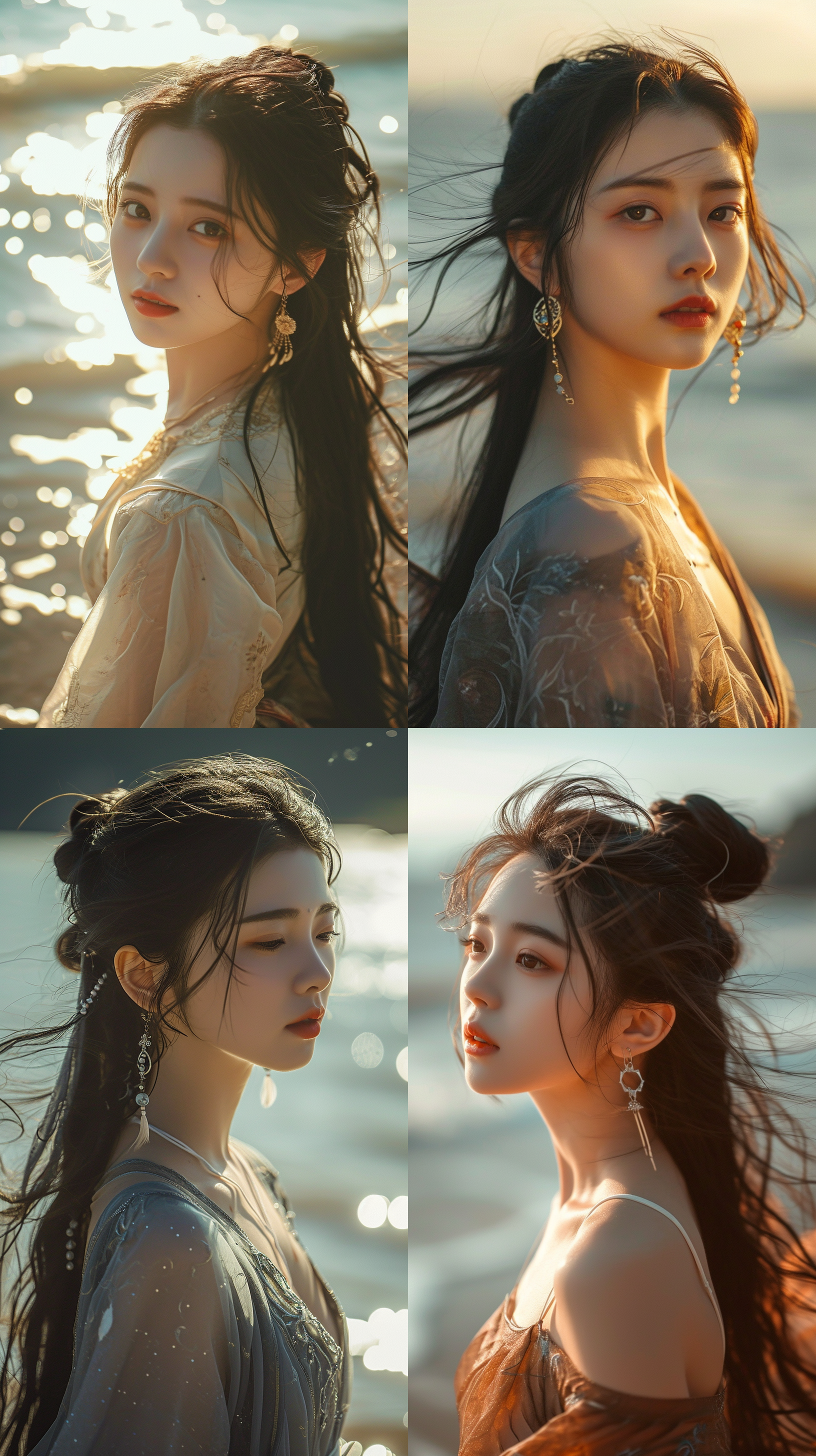 不漏胸，20岁美女，黑色长头发，五官精致，戴上耳环，站在阳光下，柔和光线，浅景深，波浪拍打岸边，一位女性身穿古装。放松，自信，夏日，自然，柔美，清新，舒适，自由，温暖，梦幻。 半身