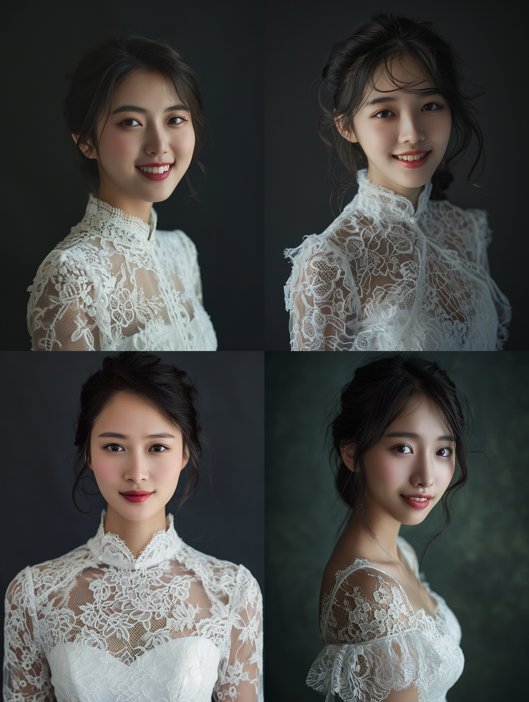 a beautiful girl,25-years-old,chinese,smile,white lace dress,lace trimming,studio,gradient dark background,front view,symmetrc,rembrandt lighting,ultra realistic