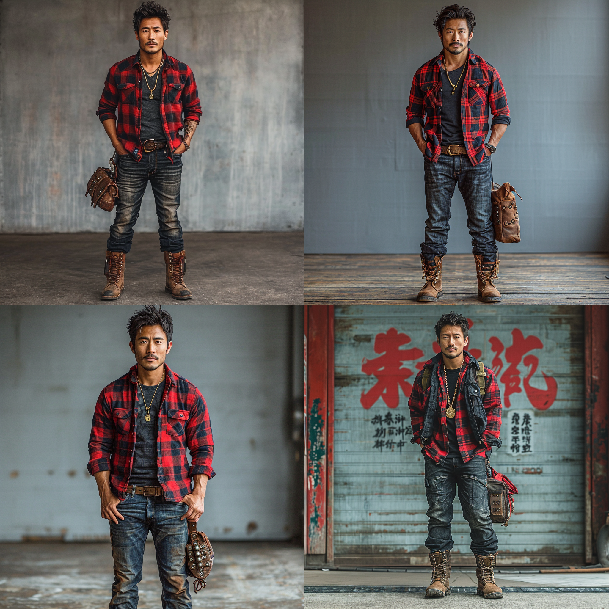 a beautiful man,25-years-old,chinese,red and black plaid shirt,fitted jeans,ankle boots,gold necklace,textured rivet bag,studio,gradient grey background,front view,full body,long shot,portrait,symmetric,rembrandt lighting,ultra realistic