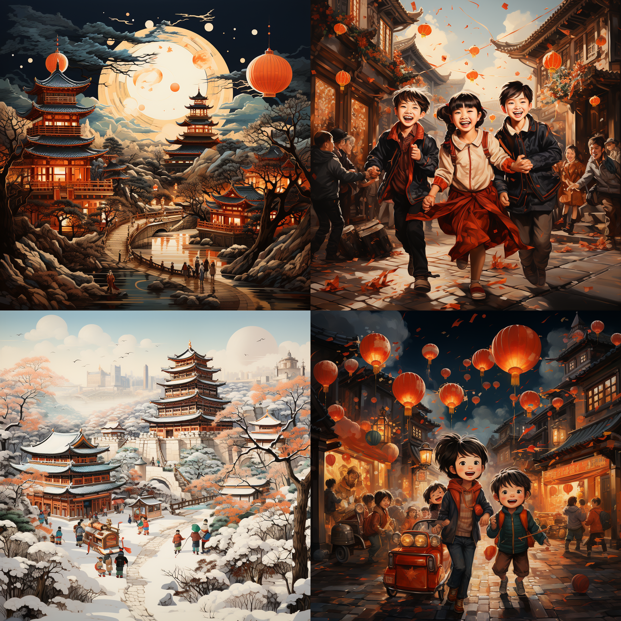 年画，传统中国风格，色彩鲜艳，绘制着喜庆的场景。画面以红色为主色调，描绘了一幅年画作品，展示了中国农村过年的热闹景象，包括舞龙舞狮、放鞭炮、戏曲表演等元素。细腻的线条勾勒出欢乐的氛围，让人感受到浓厚的年味和喜庆的气氛。