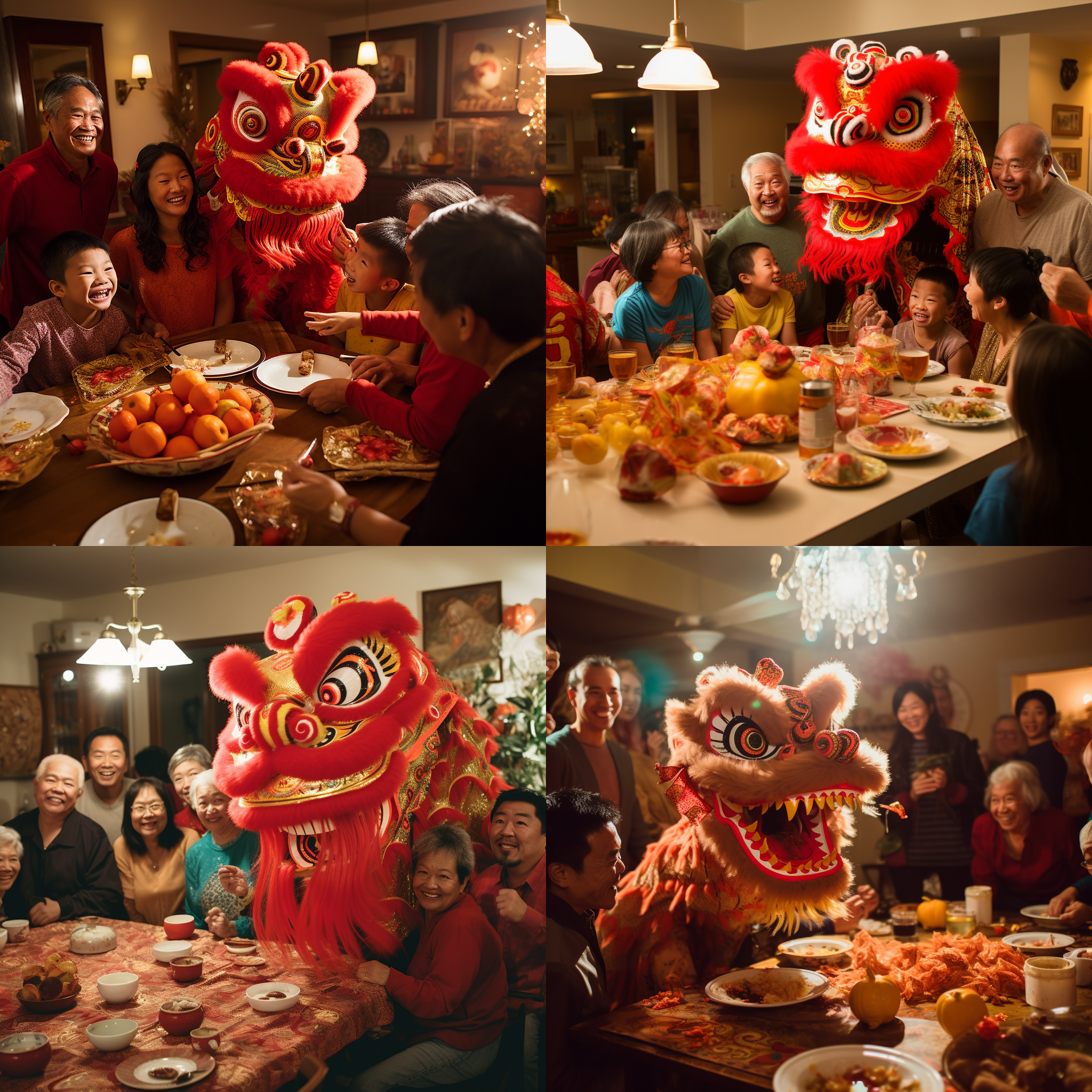 色彩鲜艳的中国龙盘旋在温馨的家庭团圆场景上空。男女老少身穿红衣，聚集在家里，桌子上摆满美食和饮品。柔和灯光照亮整个场景，舒适放松。大家笑着交流，情感融洽。红色调营造浓郁节日氛围，温馨愉悦幸福。龙与人们相映成趣，喜庆气氛洋溢。龙与人们的脸庞清晰可见，细节丰富。