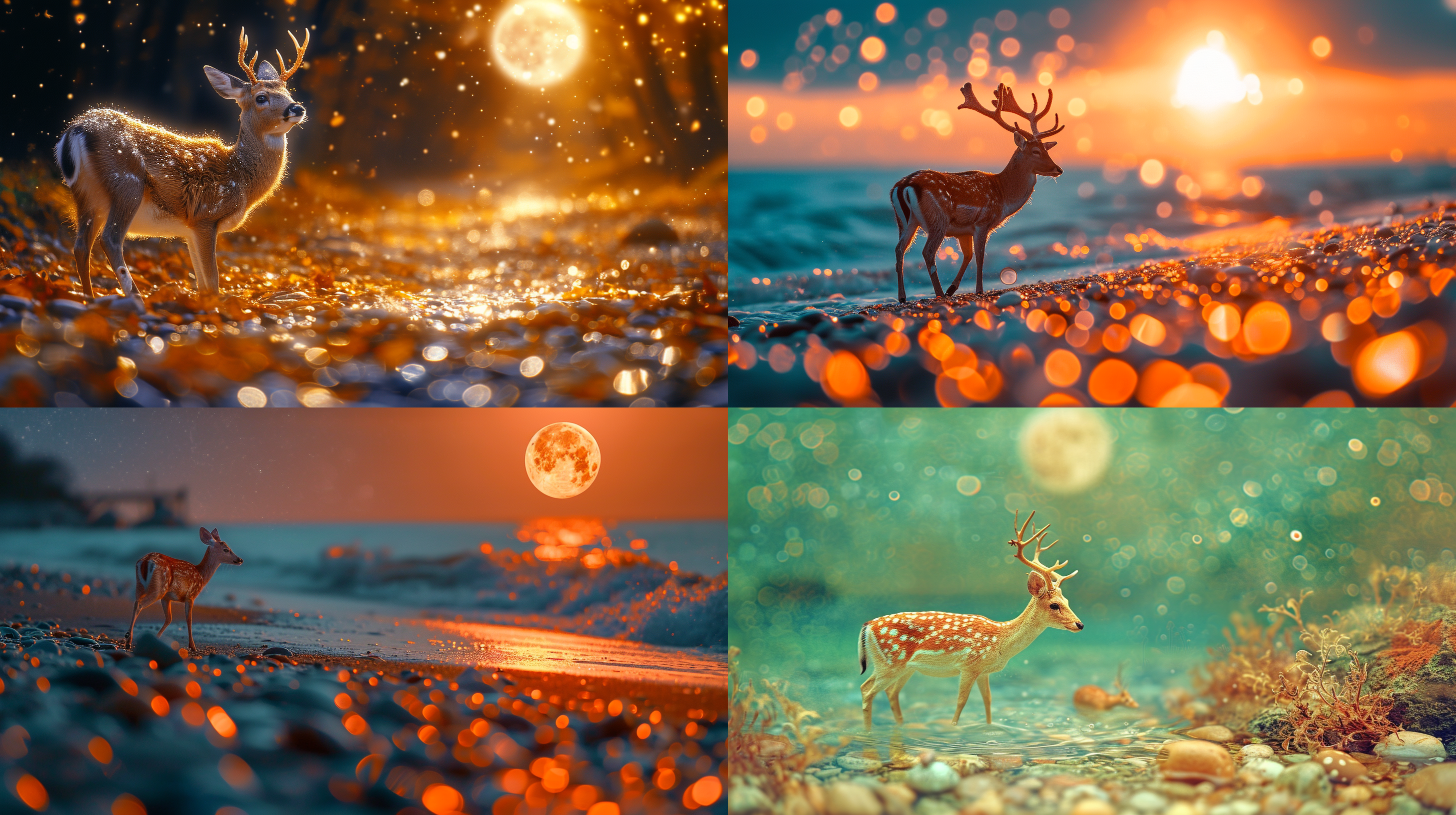 a dreamy seaside with golden beaches, colorful and crystal clear pebbles, and golden glowing deer walking around., amber material, a full moon hangs in the deep night sky. the picture is quiet and tranquil., gorgeous colors, super dreamy , beautiful lighting, tilt-shift