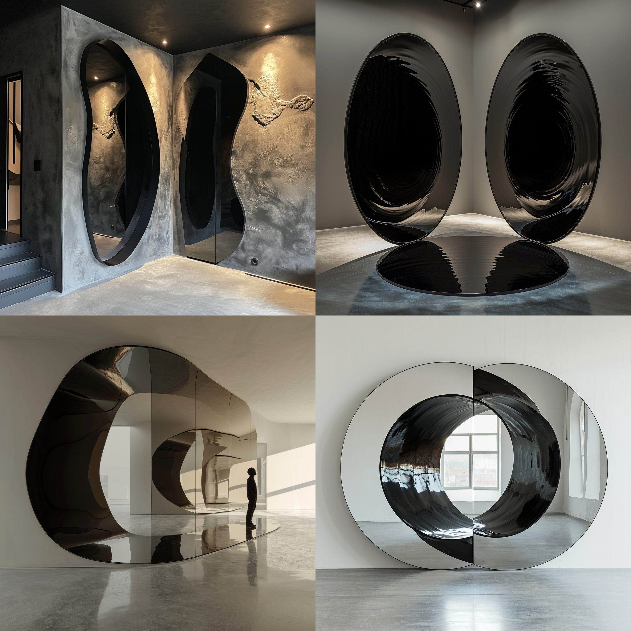 两面镜子相对摆放，镜子中无穷倒影倒映出一个黑色的背影，盗梦空间，科幻风格