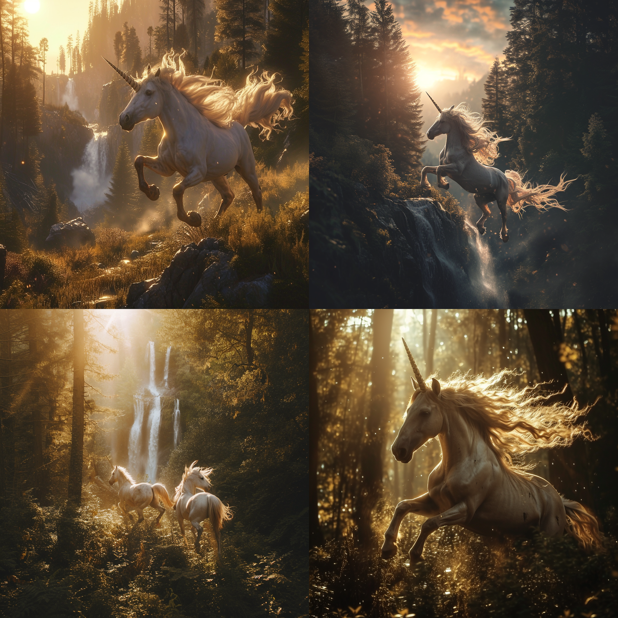 独角兽在森林中奔跑，迎着日落。镜头俯视，独角兽向前冲刺，背景是茂密的树林和瀑布。光线柔和，给予整个场景一种神秘而梦幻的氛围。独角兽毛发闪耀着金色，眼神坚定而温柔。速度感强烈，展现出自由、奇幻和力量。独角兽，森林，奔跑，日落，迎风，梦幻，神秘，金色，力量。