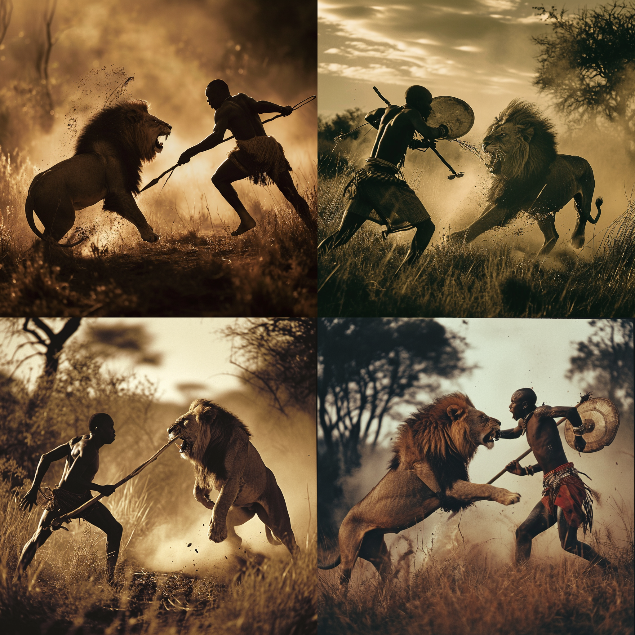 非洲土著男人与非洲雄狮激烈对战，广角镜头捕捉到两者的壮观场景。光线柔和，呈现出暖色调，突出男人与狮子的勇气与力量。男人用矛与盾抵挡着狮子的攻击，身体动作紧张有力，彰显着生存与荣耀的斗争。