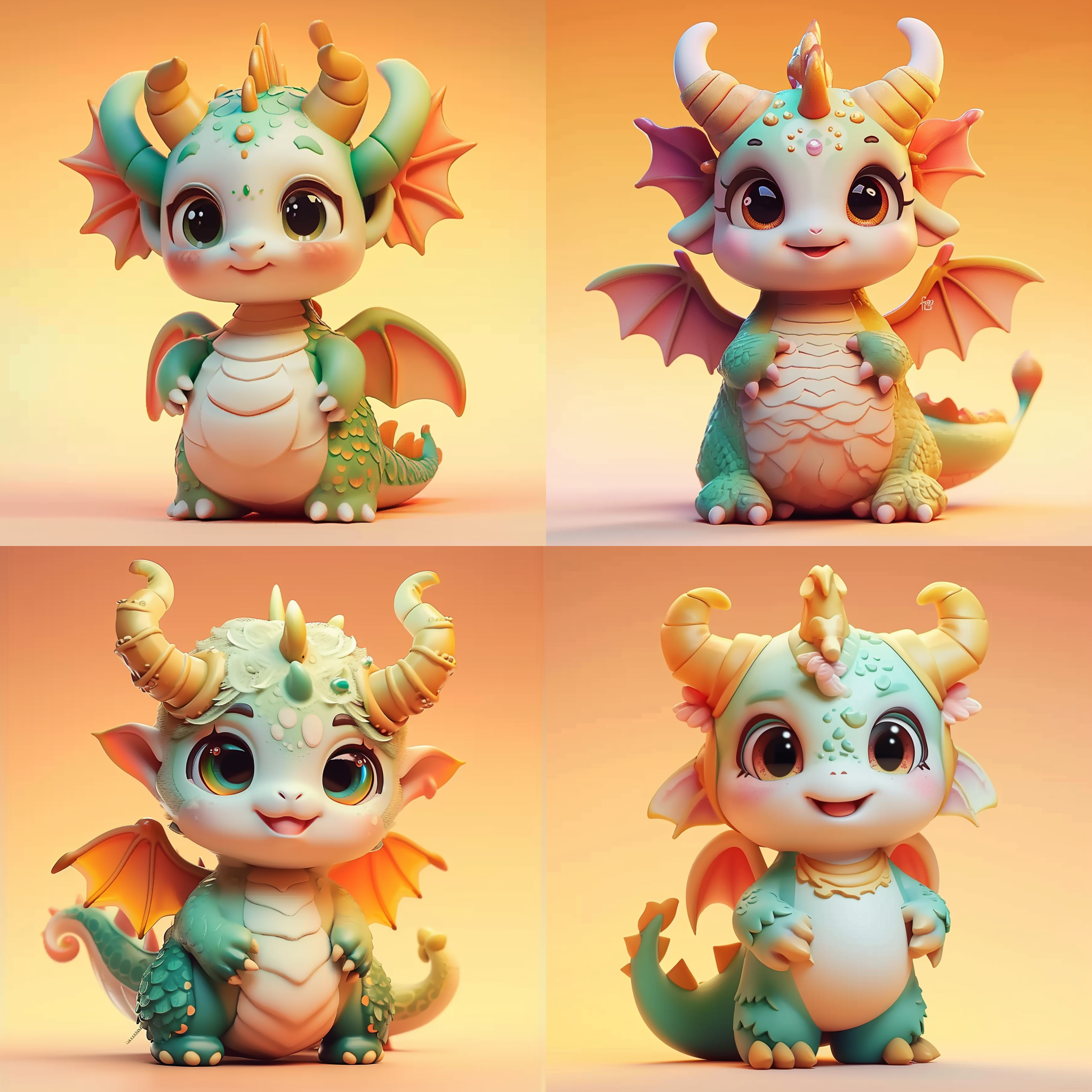 头上有角的可爱的小龙玩具，可爱的站着，背景是渐变微黄，3d动画风格，全身镜头，高质量，多细节，高清。