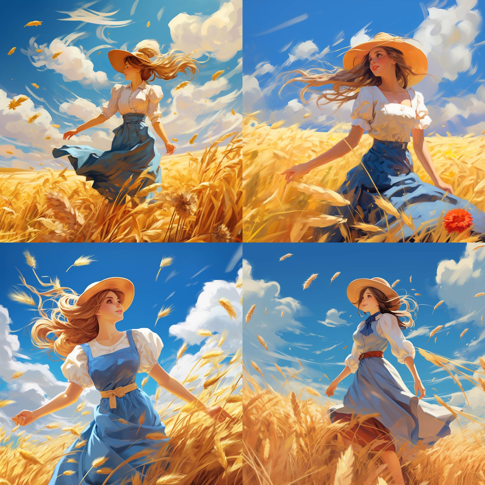 风吹金黄麦田，蓝天白云，远处磨坊和树林，穿裙子戴帽子的女人劳作，风扬起裙摆。漫画风，对角线构图，明亮色彩，清晰细节，广角镜头，自然光，自然动作，欢快情绪。