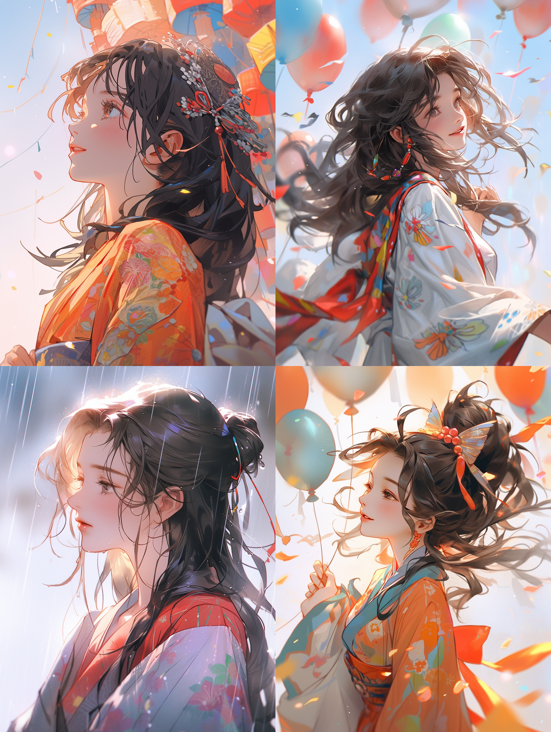 中国女士，仰头看向天空，天空下雨，彩色的飘带飘满天空，活泼可爱，真实风格