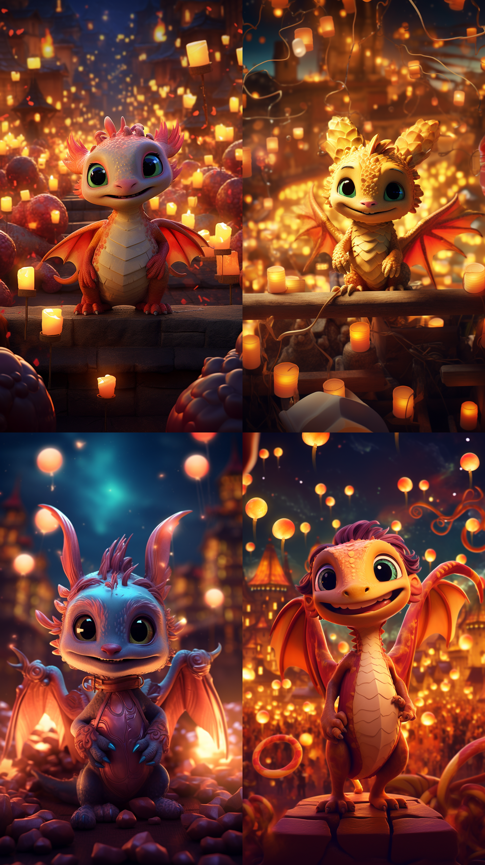 萌萌的小龙摆pose，烟花爆炸绽放在背景中，灯笼悬挂在天空中。大光圈，饱和度高，广角镜头，动态模糊，夜晚拍摄，活泼，喜庆，温暖色调。