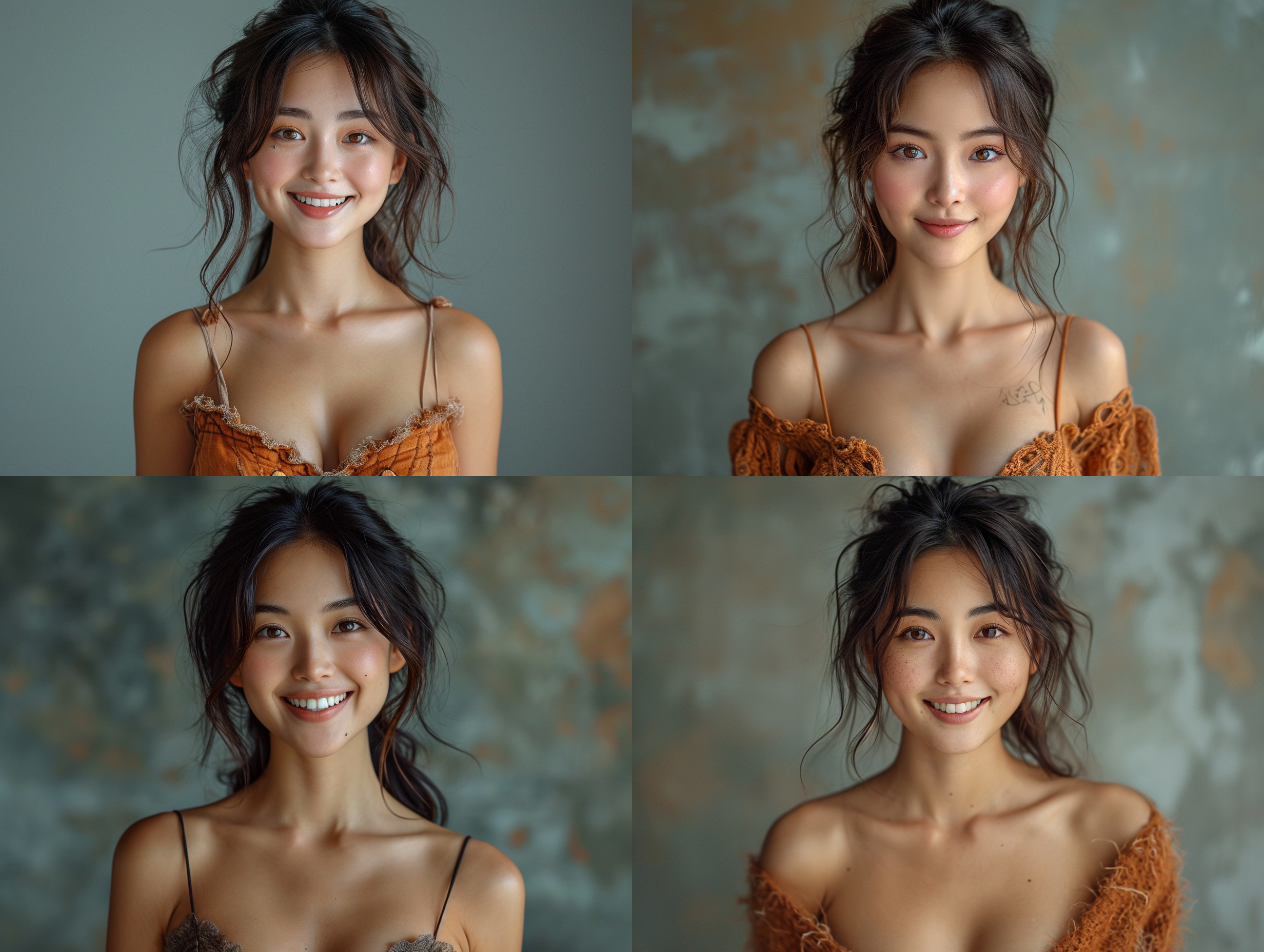 美丽的25岁中国女孩微笑着，丝袜，置身于灰色渐变背景的摄影棚中。前视角，全身照，对称构图，伦勃朗特光线，超写实风格。