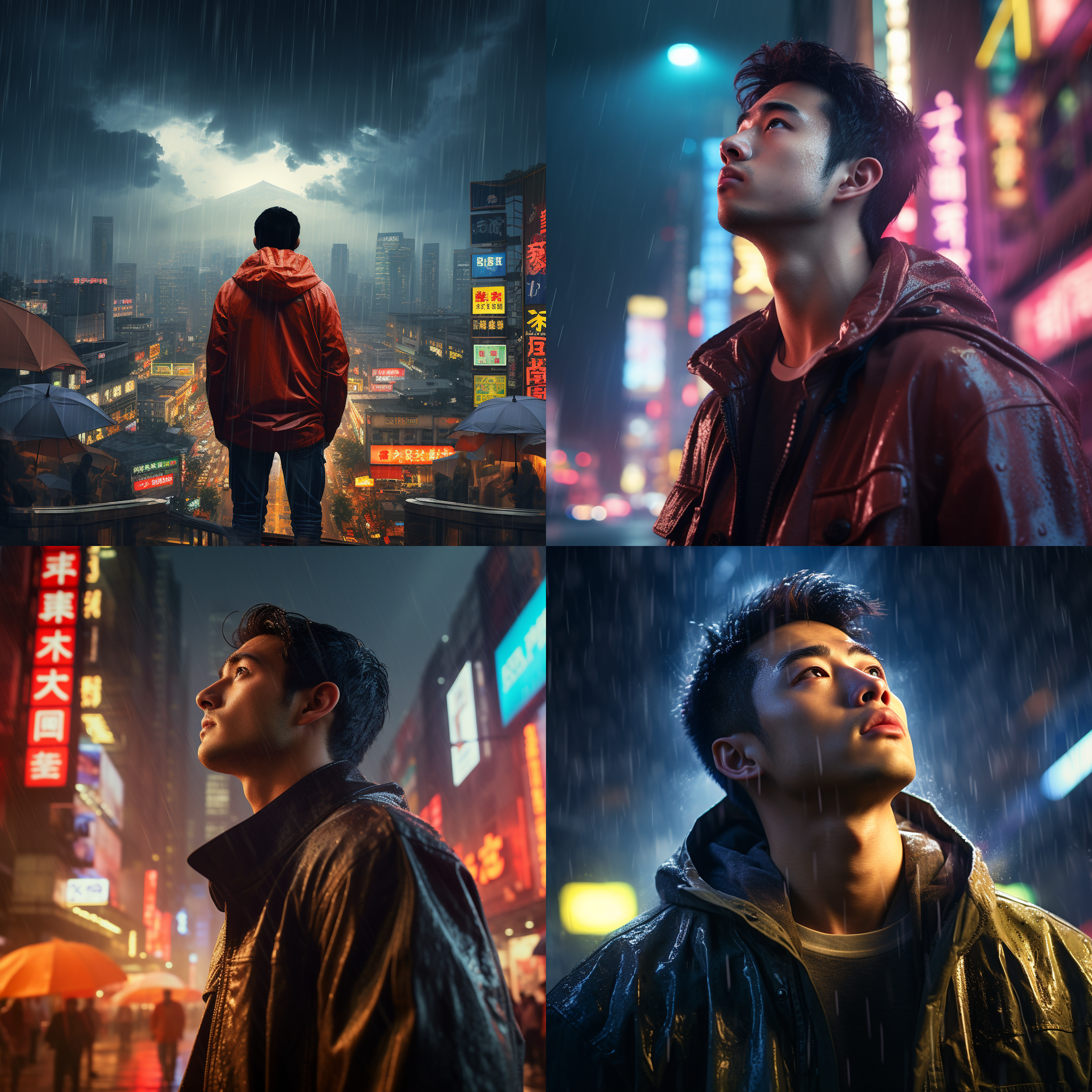 远景，中国男子穿风衣仰望天空，暴雨倾盆，现代城市，雷电，真实风格，高光，低饱和度，广角镜头，湿润环境，霓虹灯，孤独，思考。