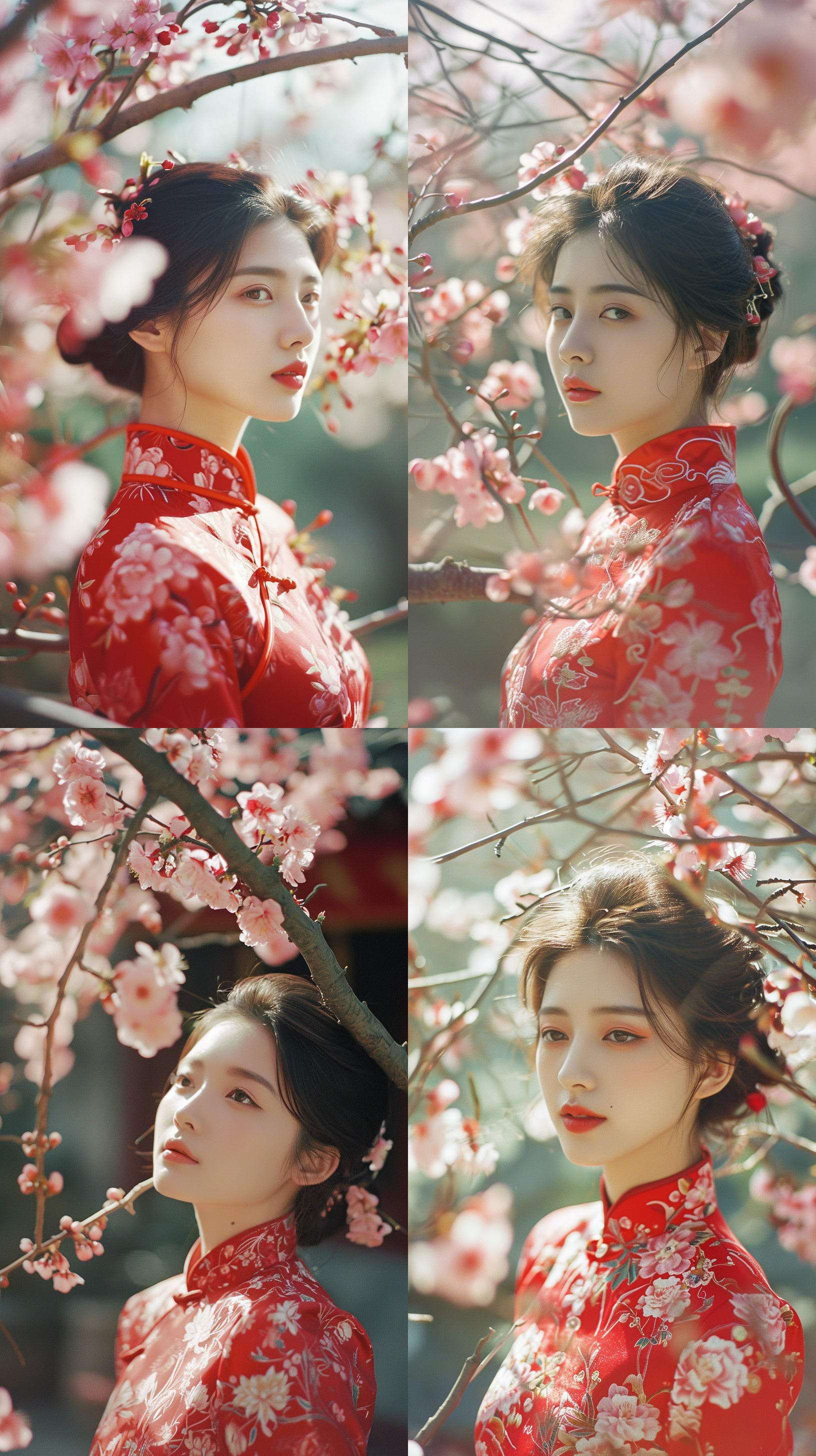 美丽年轻女子，红旗袍，樱花树，中国传统花园，柔和晨光，瓷般皮肤，精致面容，宁静环境，过去时代，女性美，现代风格，复古魅力，胶片风格，柯达portra 400胶片，永恒魅力。