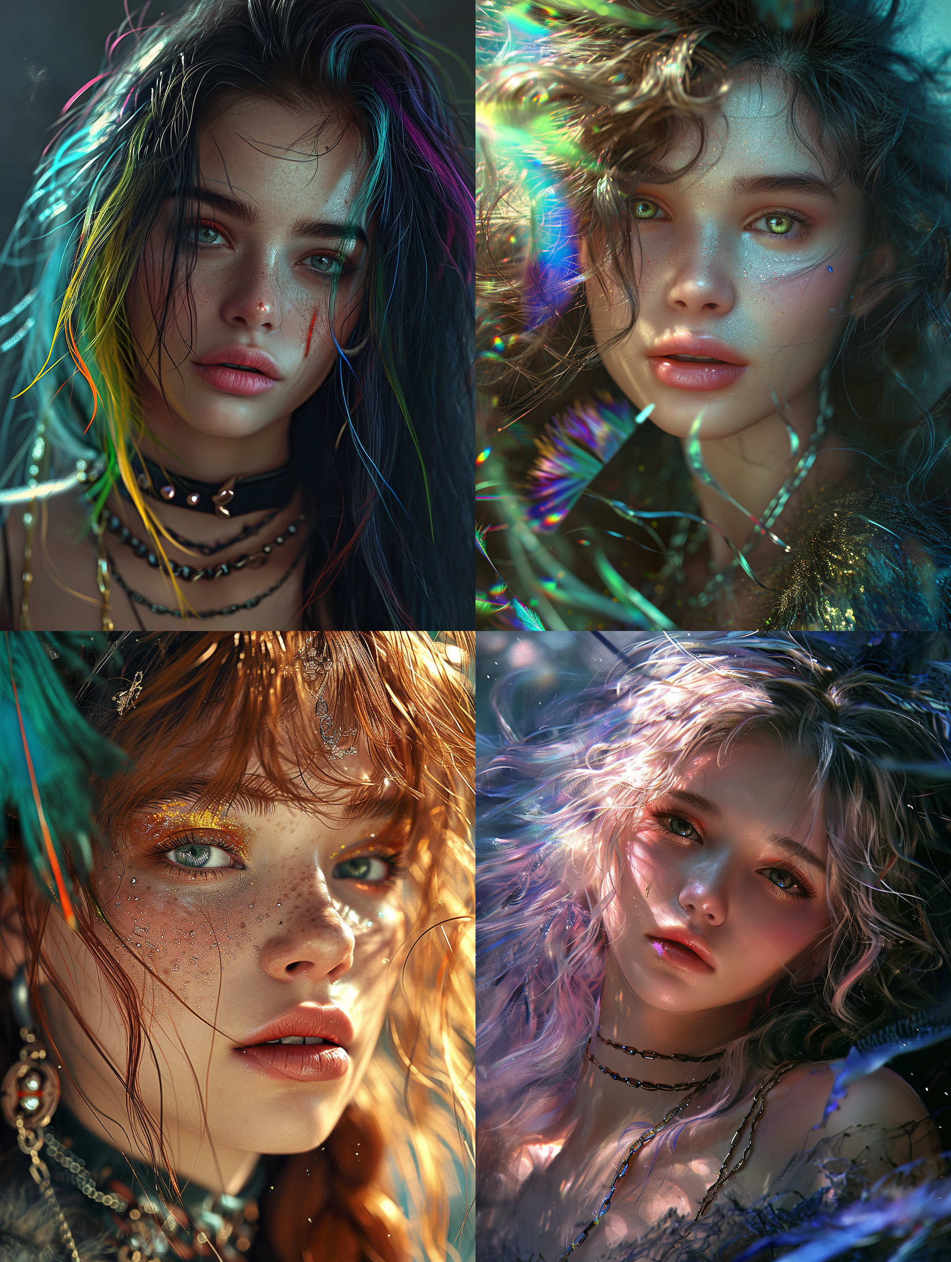 高品质，杰作，大师之作，精致的五官刻画，精致的头发刻画，精致的眼睛刻画，凌乱头发，精致的彩色头发，女孩，4k画质，绚丽的光影，丁达尔效应，光晕，凌乱的发丝，幼态，华丽的场景，精致的衣服，锁链，羽毛，