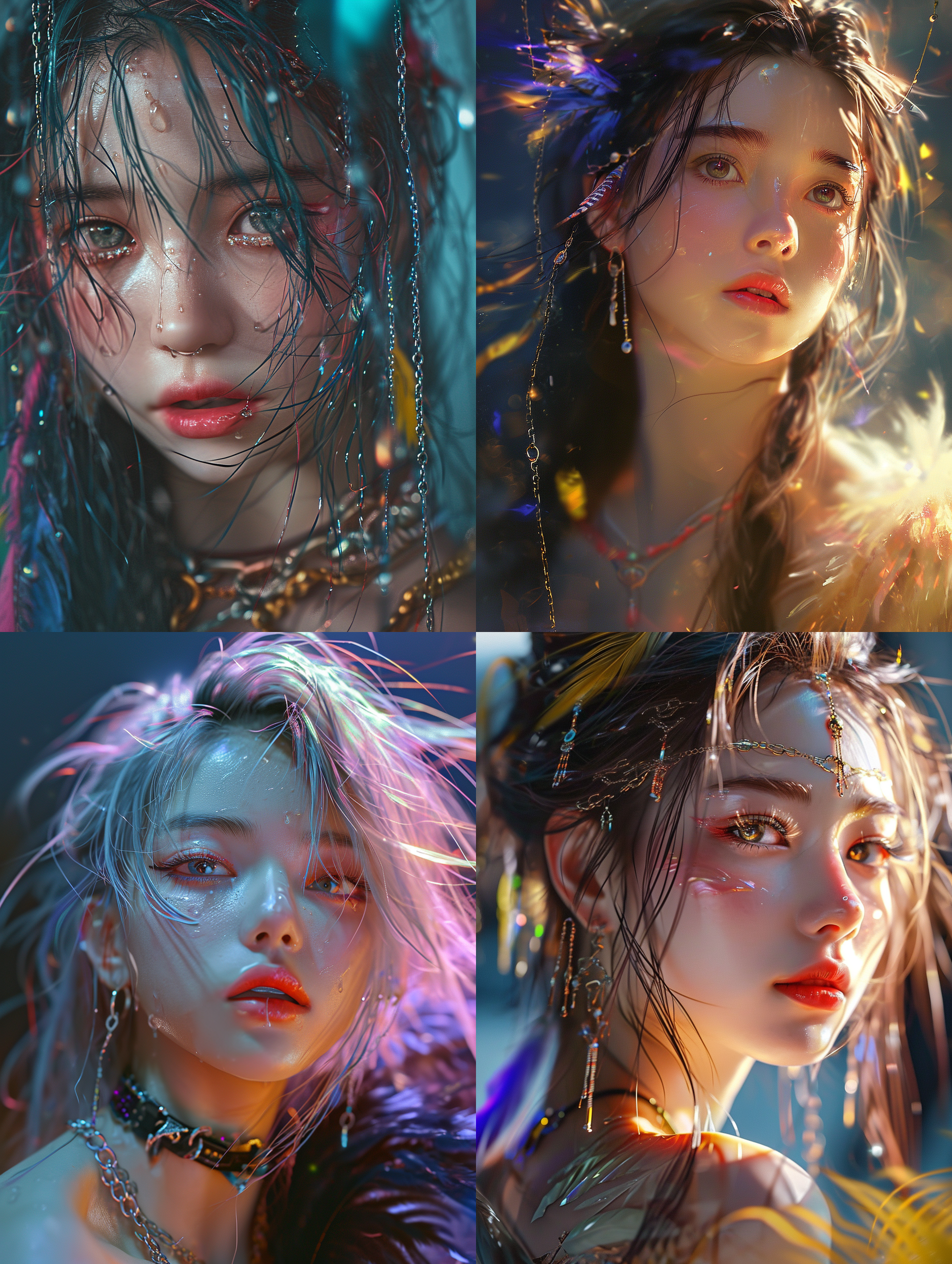 高品质，杰作，大师之作，精致的五官刻画，精致的头发刻画，精致的眼睛刻画，凌乱头发，精致的彩色头发，中国女孩，8k画质，绚丽的光影，丁达尔效应，光晕，凌乱的发丝，幼态，华丽的场景，精致的衣服，锁链，羽毛，