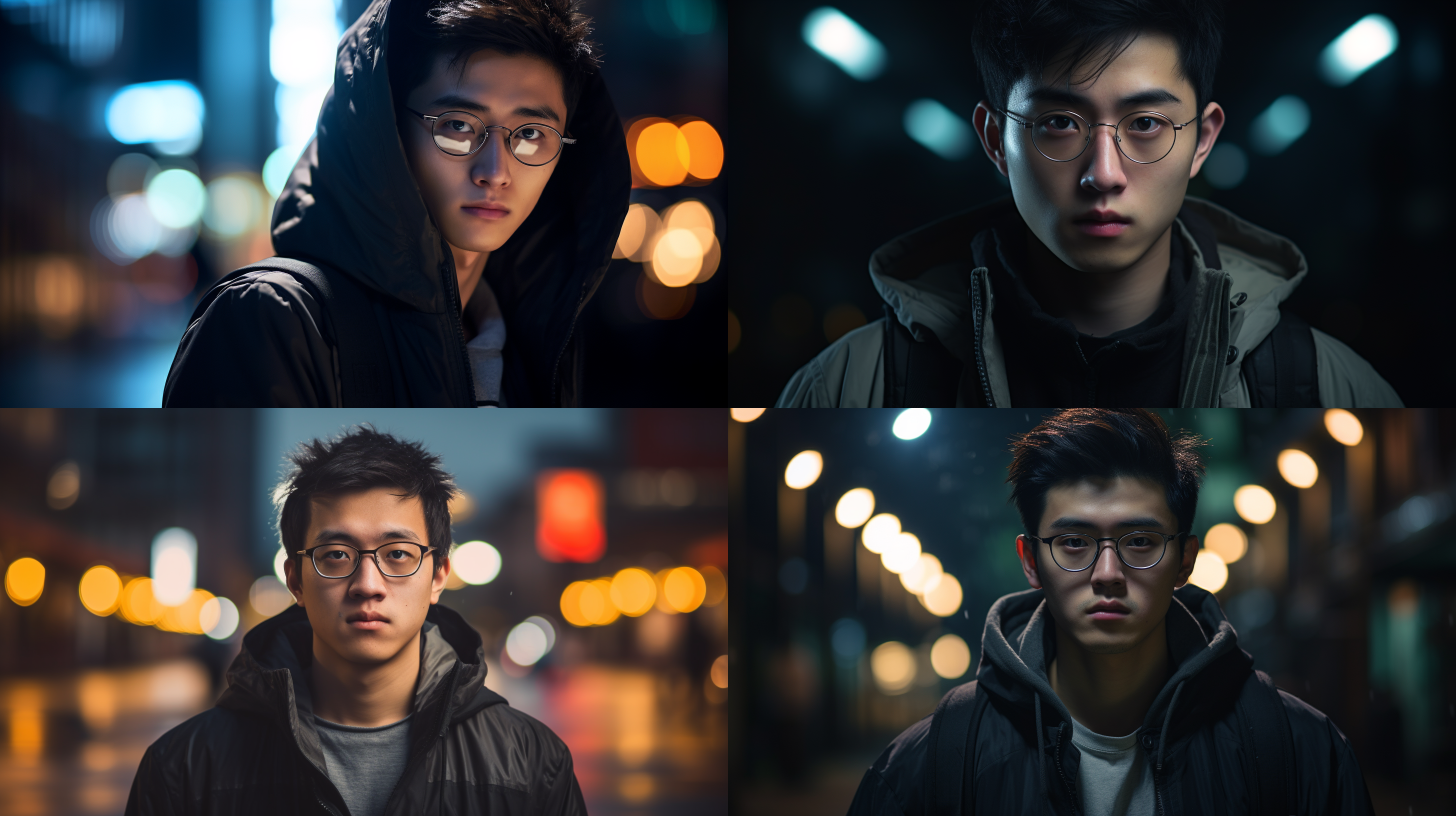 近景，一个中国戴眼镜的年轻男人面对着镜头。背景是小区里，高对比度，冷色调，夜间拍摄，环境设置，细节突出，悬念，恐怖，紧张情绪。 