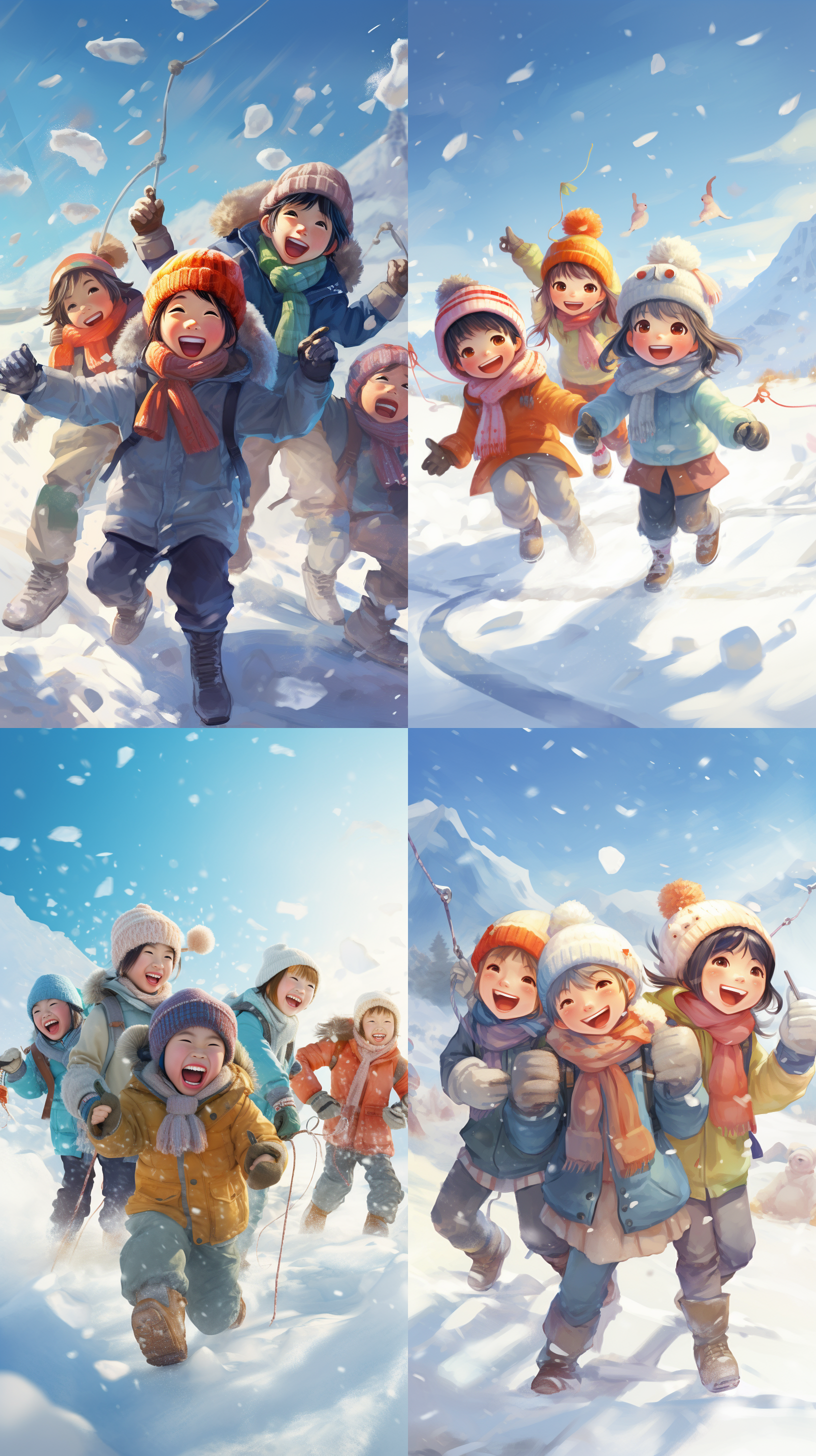 一群穿着浅色羽绒服戴着帽子的儿童，每人手里拿着一串冰糖葫芦，脸上洋溢着微笑，在冰天雪地里玩耍。他们打着雪仗，面对镜头，美丽、可爱、童真。细节的天空与色彩斑斓的地面相映成趣，构图宽广，光线明亮柔和，细节丰富。欢乐的氛围中，远处的城市楼群与冰雕城堡构成了迷人的背景。这是一张最佳质量、卡通风格、活泼可爱的照片，色彩饱和、丰富，展现了中国儿童的快乐与童趣。