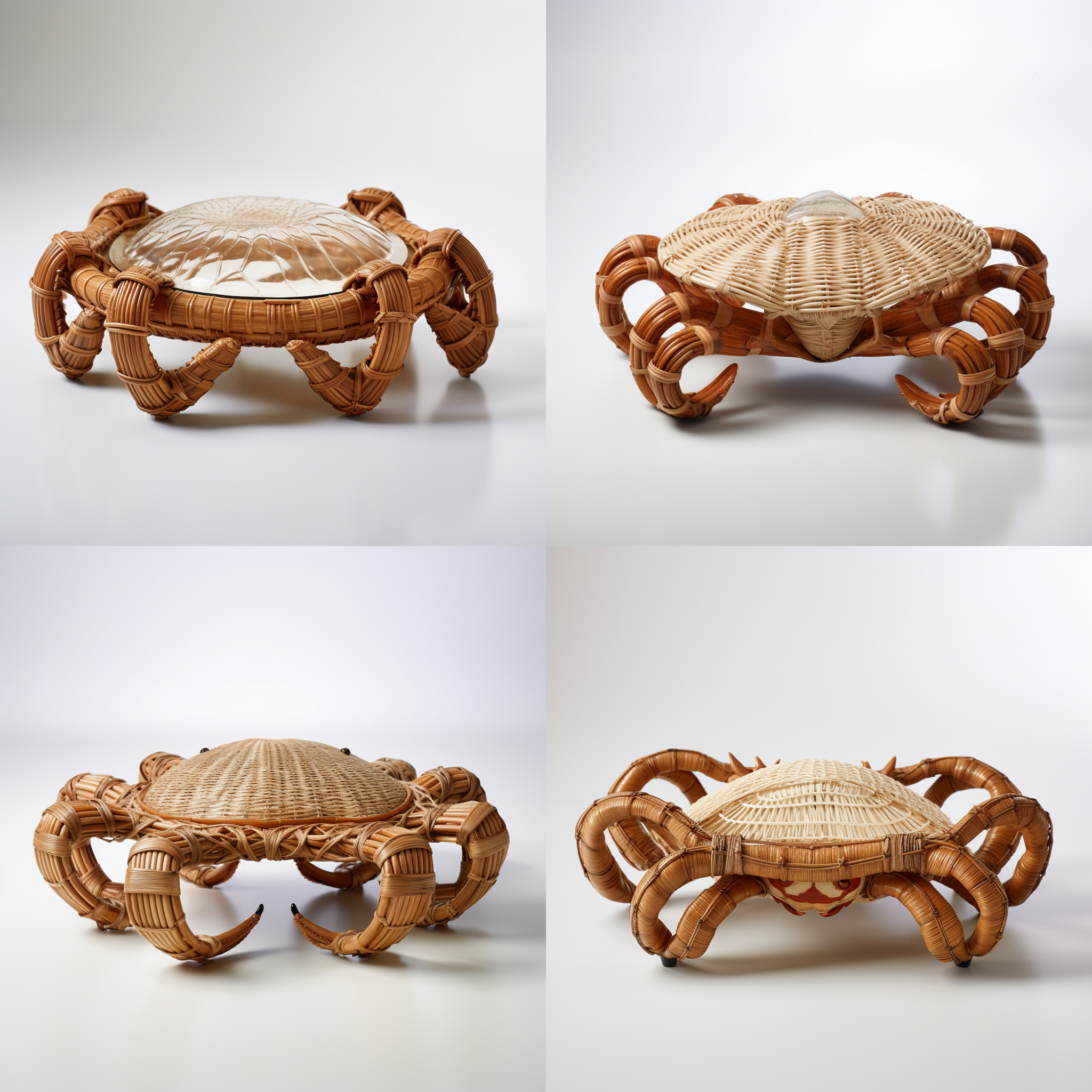 藤编双层托盘，托盘形状像螃蟹一样，放在桌上，白色背景，细节清晰可见