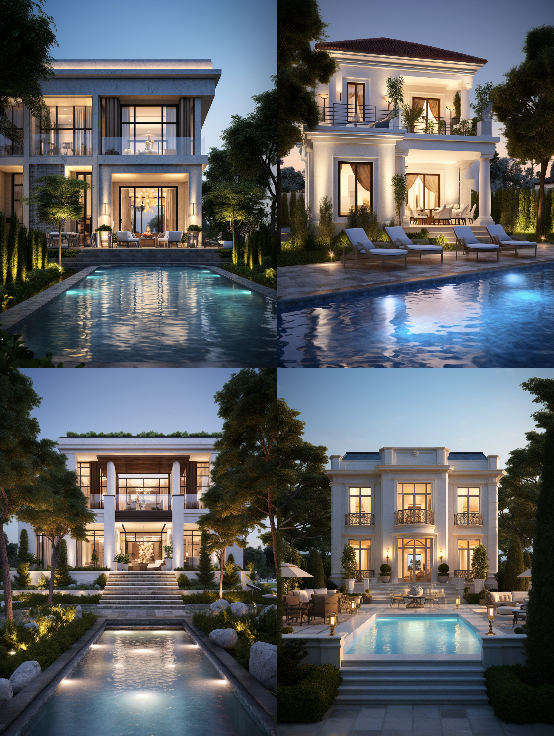 按照参考图生成超写实的别墅摄影效果，真实感强烈，别墅外墙材质为米色大理石，文化石，景观树，增加高大灌木林，景观绿化植物，花卉，景观石，室内真实照明，家具装修效果，泳池，大窗帘，景观灯照明，夜晚气氛突出，特斯拉豪车，地面理石铺装， 专业建筑摄影，中远镜头，夜晚天空，繁星满天，月亮，照明加强，8k 超高清象素，色彩细节层次丰富，(iw 100)