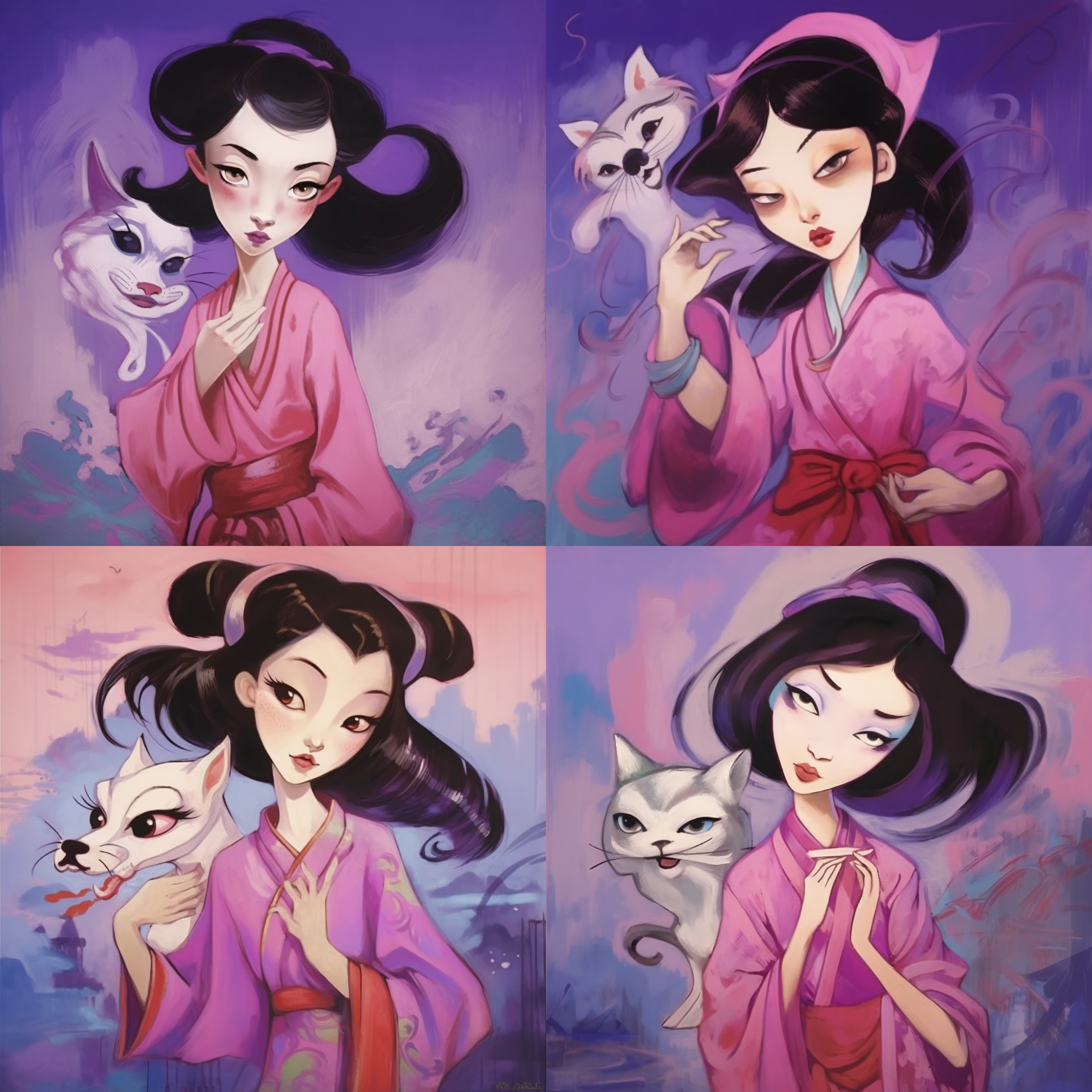 油画中国少女的脸，含情脉脉，梵高风格，伦勃朗照明，鲜亮的紫色和克莱因蓝，异想天开的天真艺术。