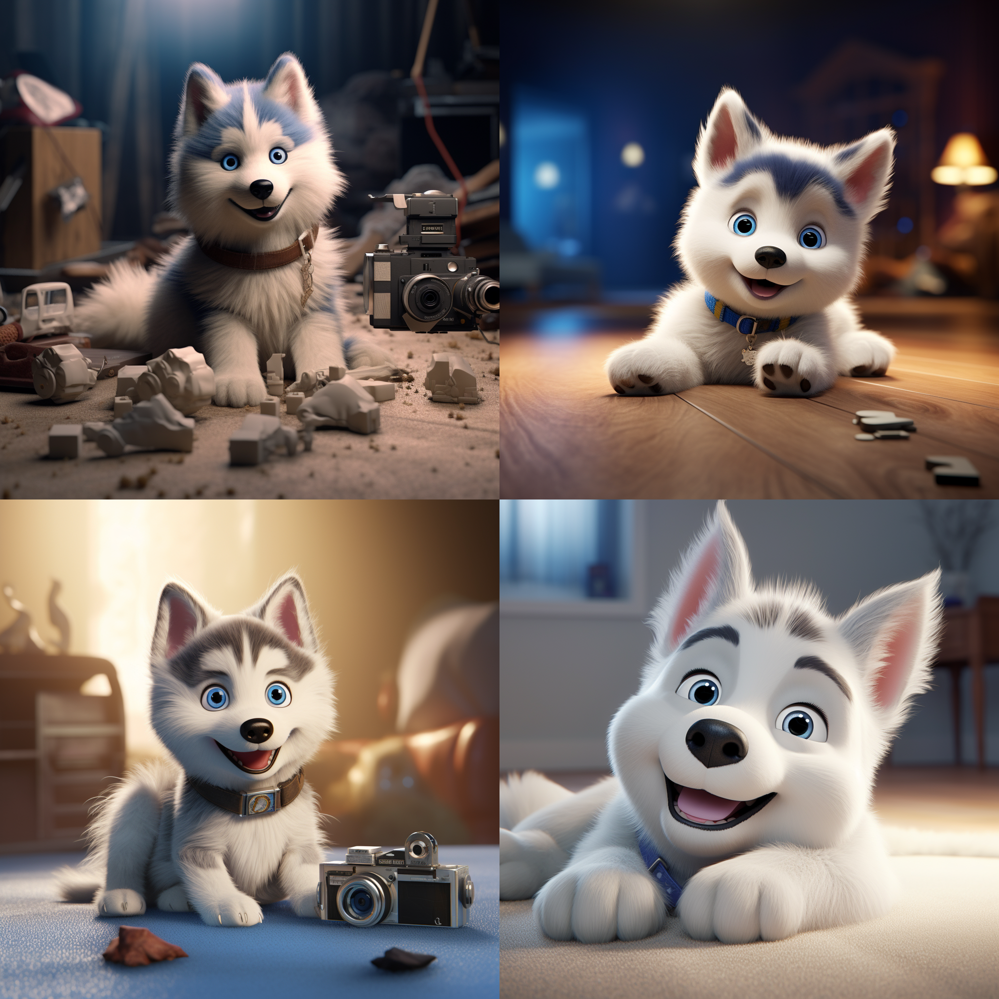 可爱的哈士奇趴在地上，以四分之三角度拍摄，背景是纯色，毛绒材质细节栩栩如生。照片采用3d技术，呈现出皮克斯风格，细节超高清，全场景尽收眼底。