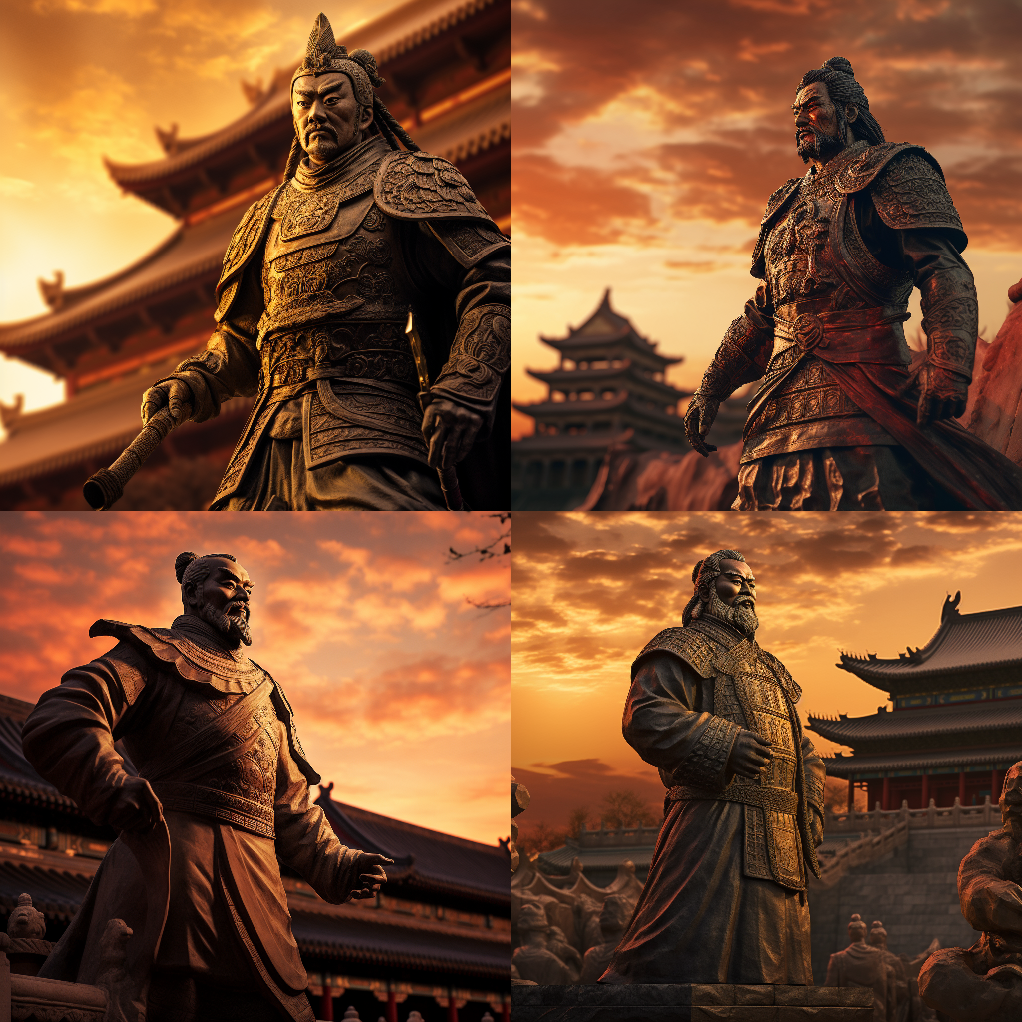 秦朝皇帝手持ak47，站在巨大宫殿前。逆光照射下，庄严威武轮廓显现。宫殿背景下，夕阳余晖温暖色调。近景金属质感闪耀光芒。对比度强、饱和度高增强紧张力量感。庄重、震撼，中国风格，黄昏，金属质感，高光，逆光，紧张，力量感。