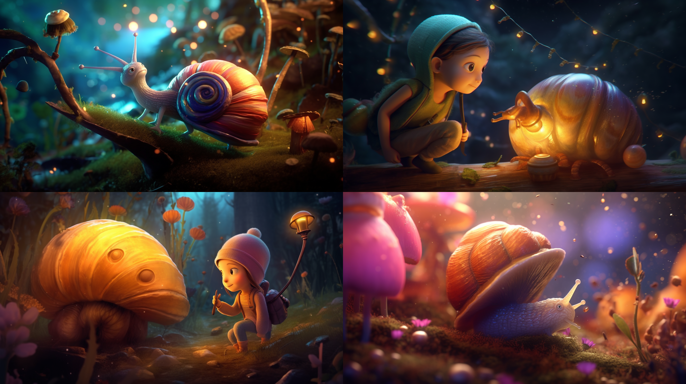 小蜗牛的梦境，童趣插画设计，明亮色彩，柔和线条，细节丰富，梦幻背景，微距镜头，温暖灯光，慢门速度，缓慢移动，奇幻元素，快乐情绪。