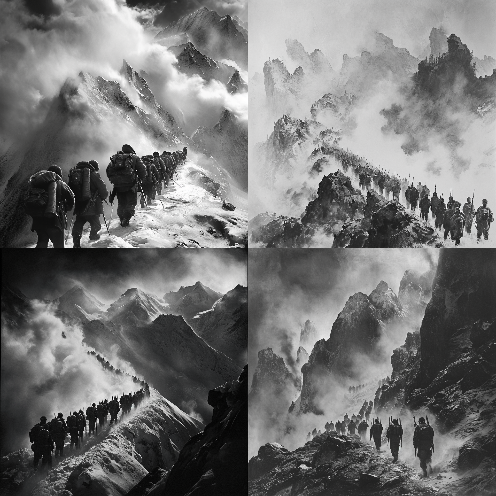 志愿军上甘岭，壮丽山峦，雪覆苍茫，黑白影像，逆光，望远镜效果，烟雾弥漫，队形整齐，英勇前行，坚定目光，荣耀。