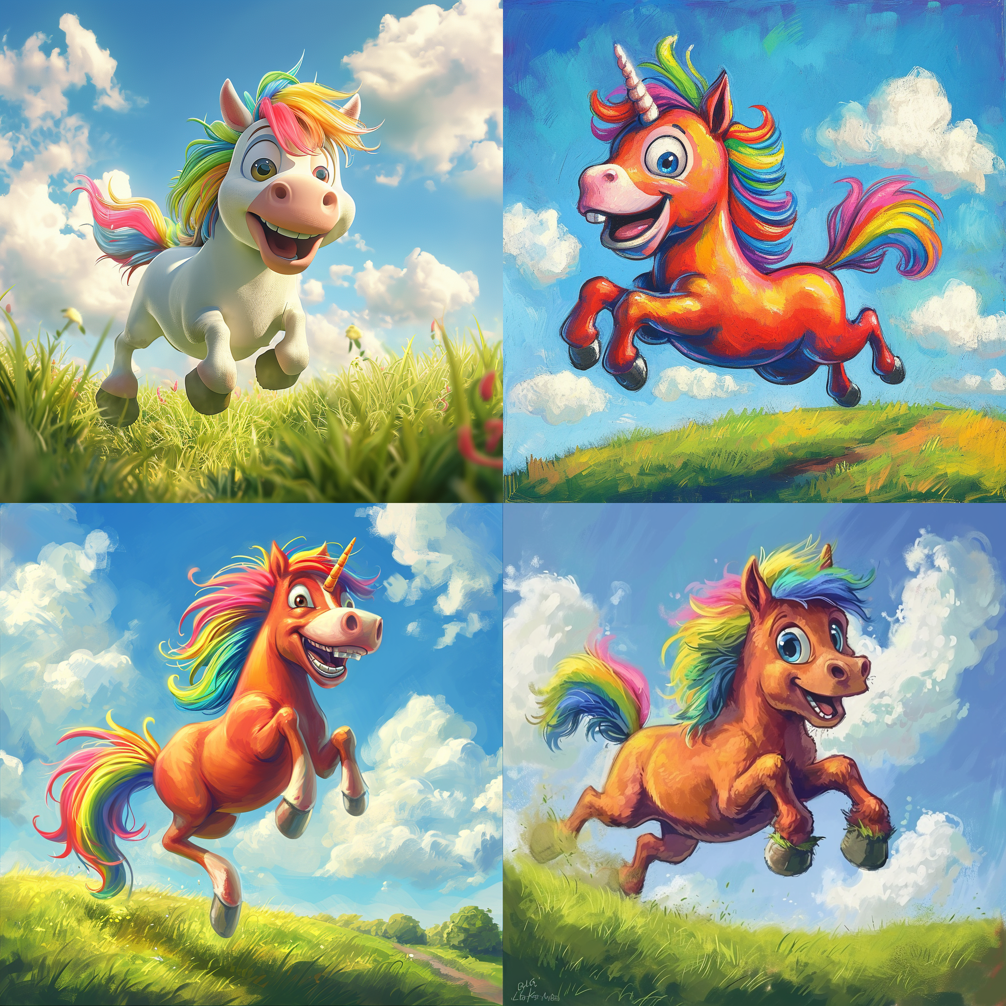 卡通马，傻笑着跳跃在绿色草地上，背景是蓝天白云。明亮的颜色和柔和的线条传达出快乐和活力。彩虹色的鬃毛和尾巴在阳光下闪闪发光。正面拍摄，近景，中焦距，自然光线，动作，欢乐。