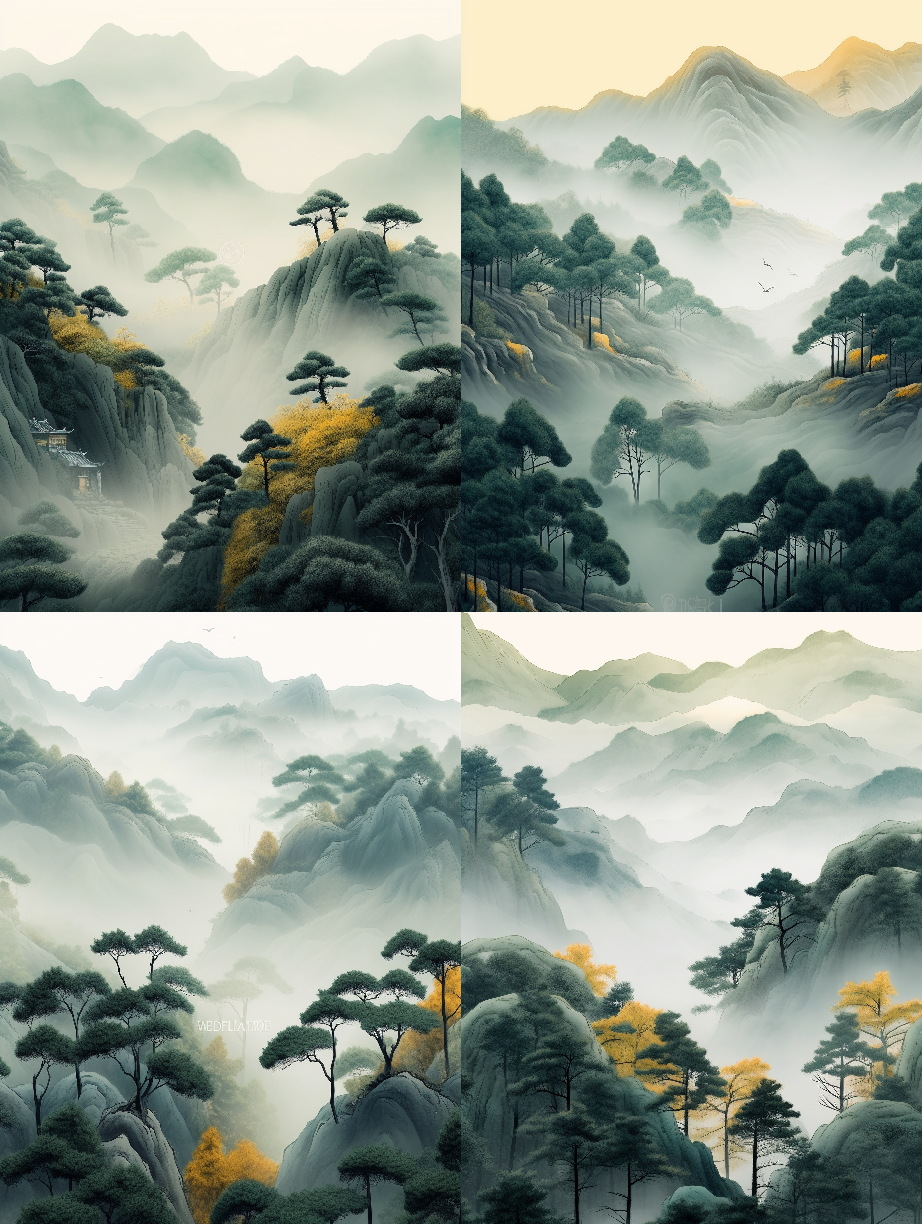 玉石山，松树林间，对角线布局，清晨，迷雾笼罩，细节丰富，广角镜头，自然光，静态，平和，绿色，神秘。