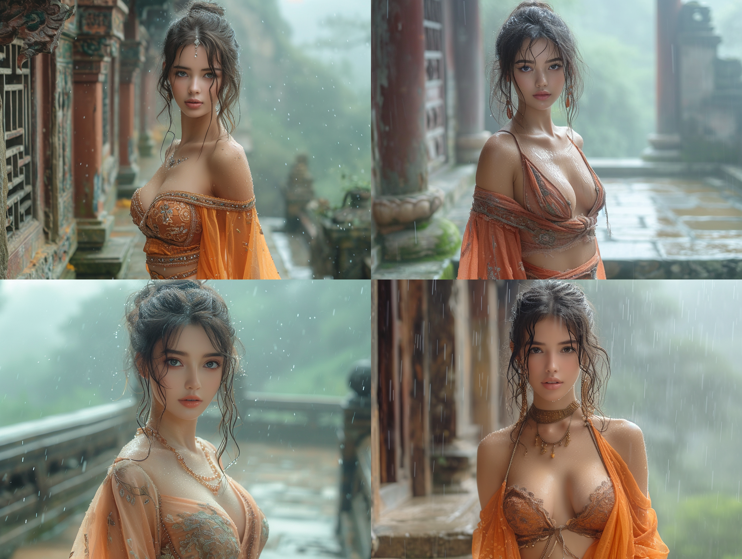 美女在神秘的寺庙中，身穿华丽的传统服饰，面容祥和，目光深邃。她站在古老的石阶上，背景是雾蒙蒙的山峦和翠绿的树木。光线透过古老的窗户洒下，营造出神秘而宁静的氛围。拍摄风格唯美，充满东方元素，色调柔和，镜头使用长焦距，抓住了美女的温柔和神秘感。