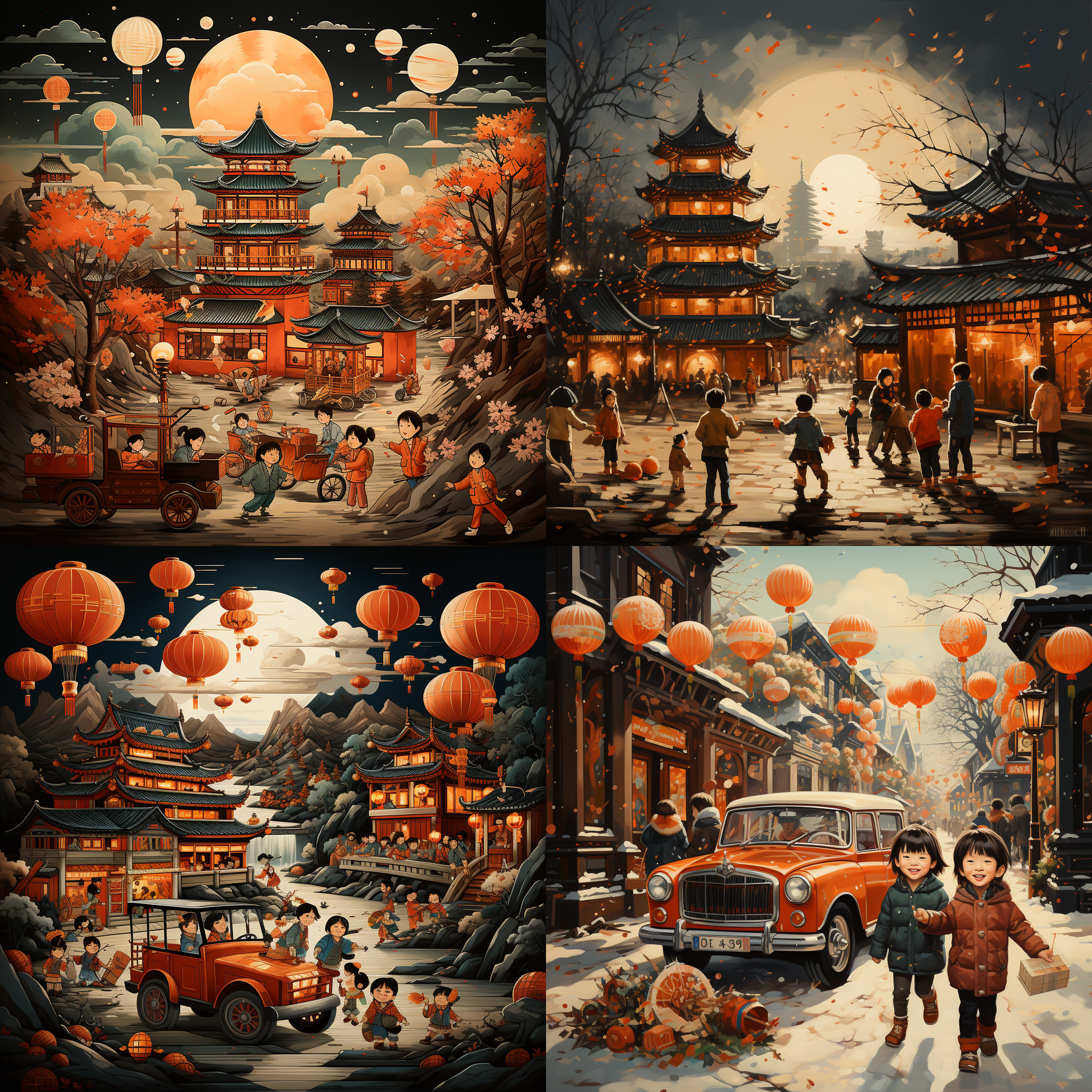年画，传统中国风格，色彩鲜艳，绘制着喜庆的场景。画面以红色为主色调，描绘了一幅年画作品，展示了中国农村过年的热闹景象，包括舞龙舞狮、放鞭炮、戏曲表演等元素。细腻的线条勾勒出欢乐的氛围，让人感受到浓厚的年味和喜庆的气氛。