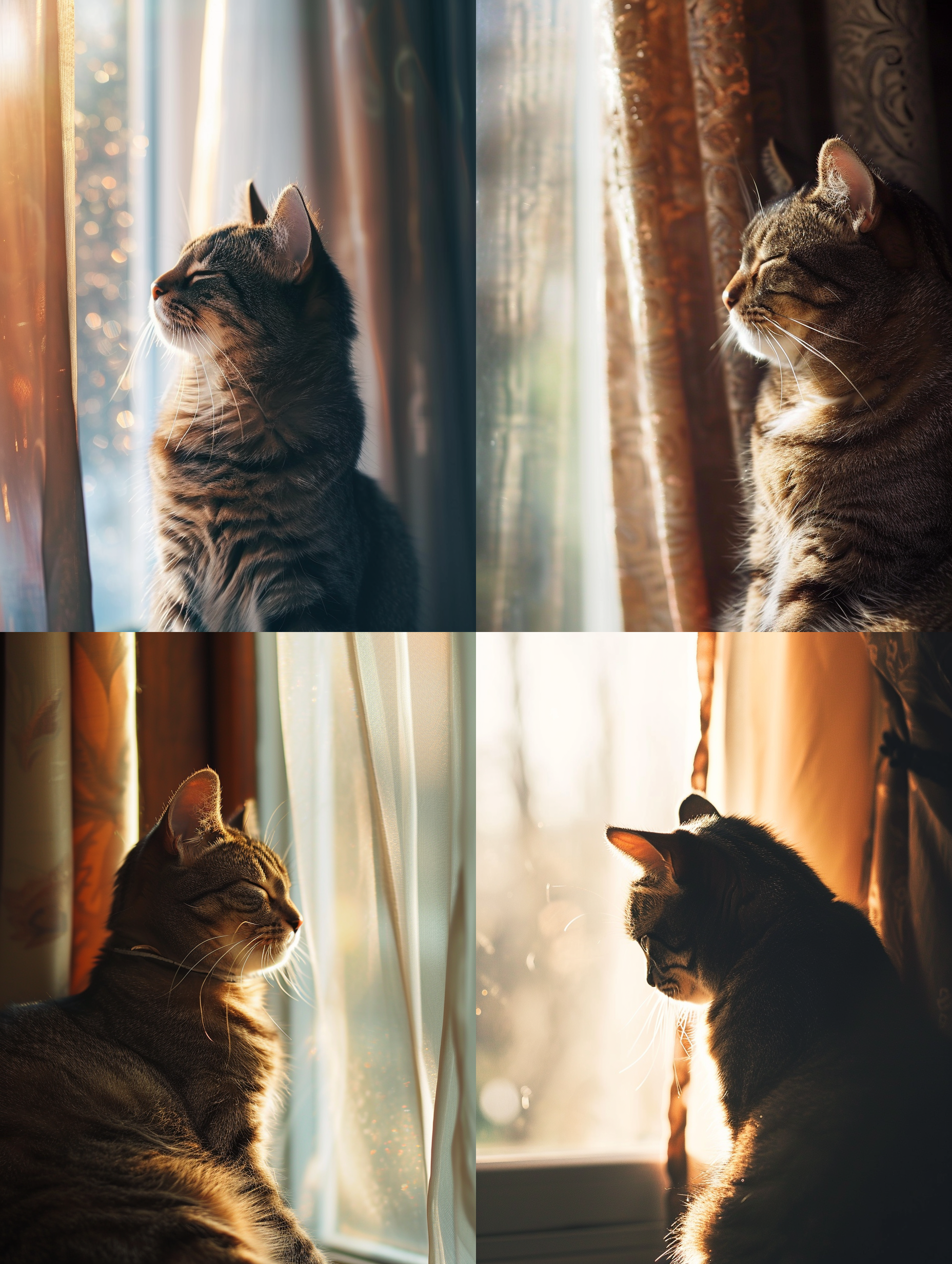 猫咪坐在窗前，阳光透过纱帘洒在身上。虚化的背景中映衬出猫咪柔软的轮廓。明亮的光线照亮了它毛发的细节，形成明暗对比。猫咪闭着眼睛，静静享受温暖的阳光。温暖、宁静、柔和、自然、舒适。
