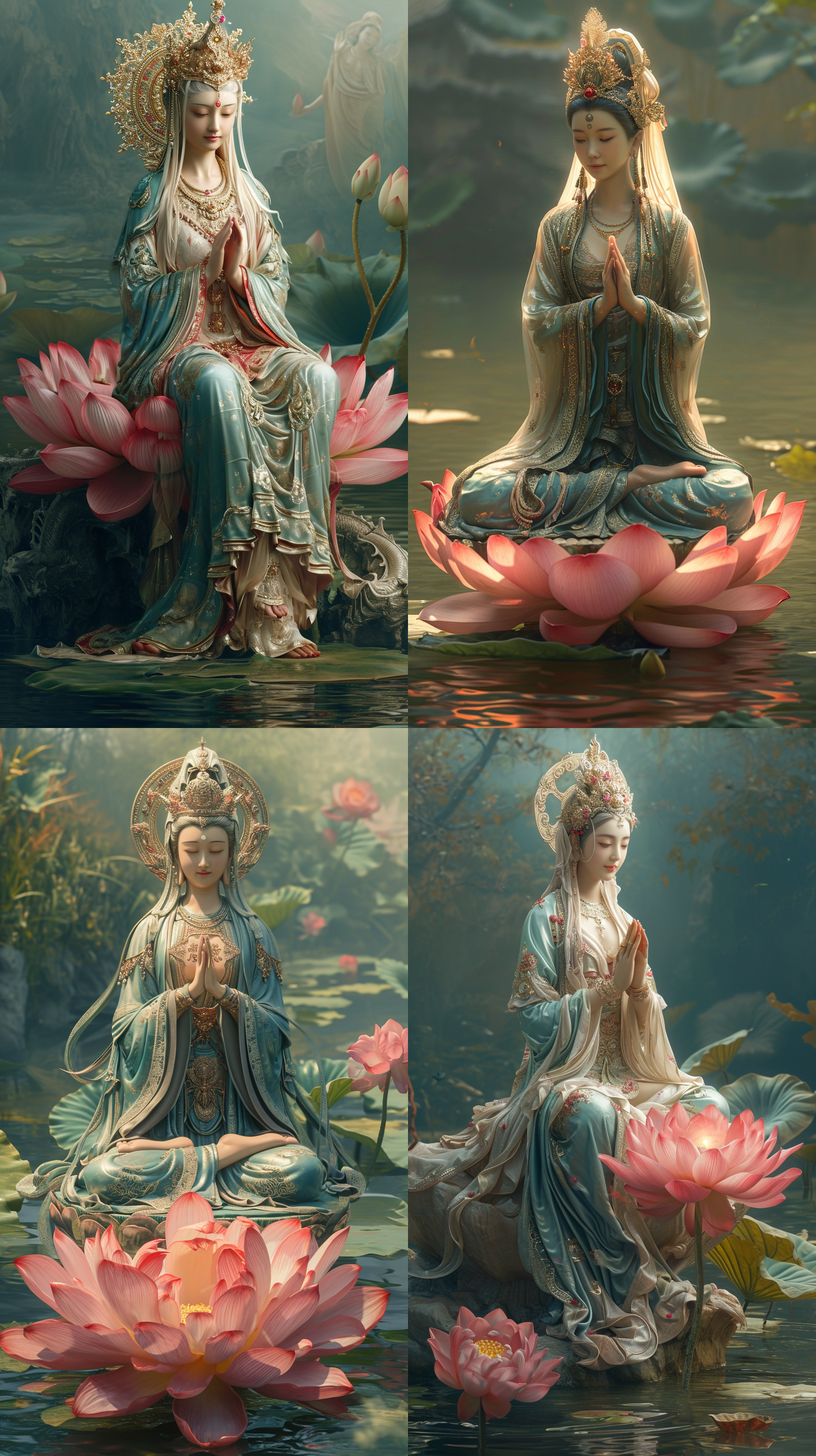 清晨 海面 菩萨坐在莲花上 女人 中国 佛光四射 阿德里安·津格 幻想艺术 对镜头微笑 全身 长镜头