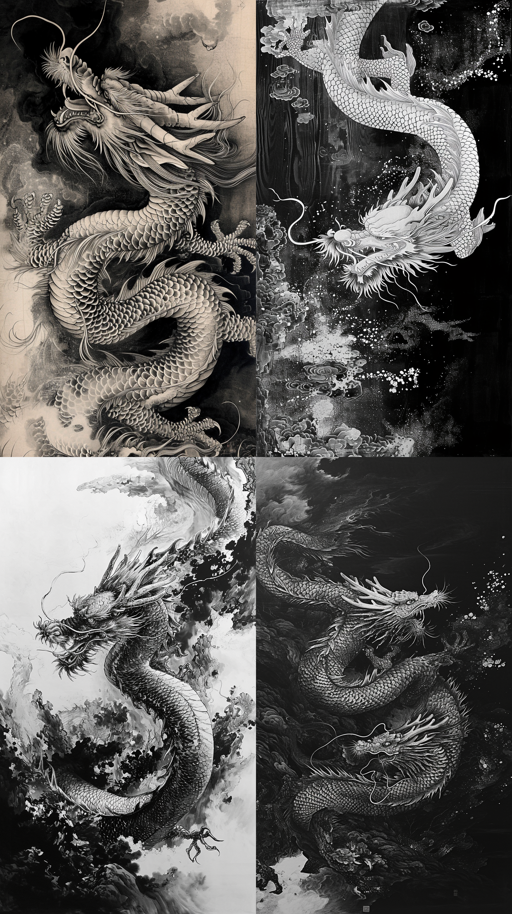 中国传统拓印，写实龙纹，隐约出现，布满整个画面，黑白色调，细节丰富，独特纹理，明暗对比强烈，逼真的光影效果，神秘感，古老气息。