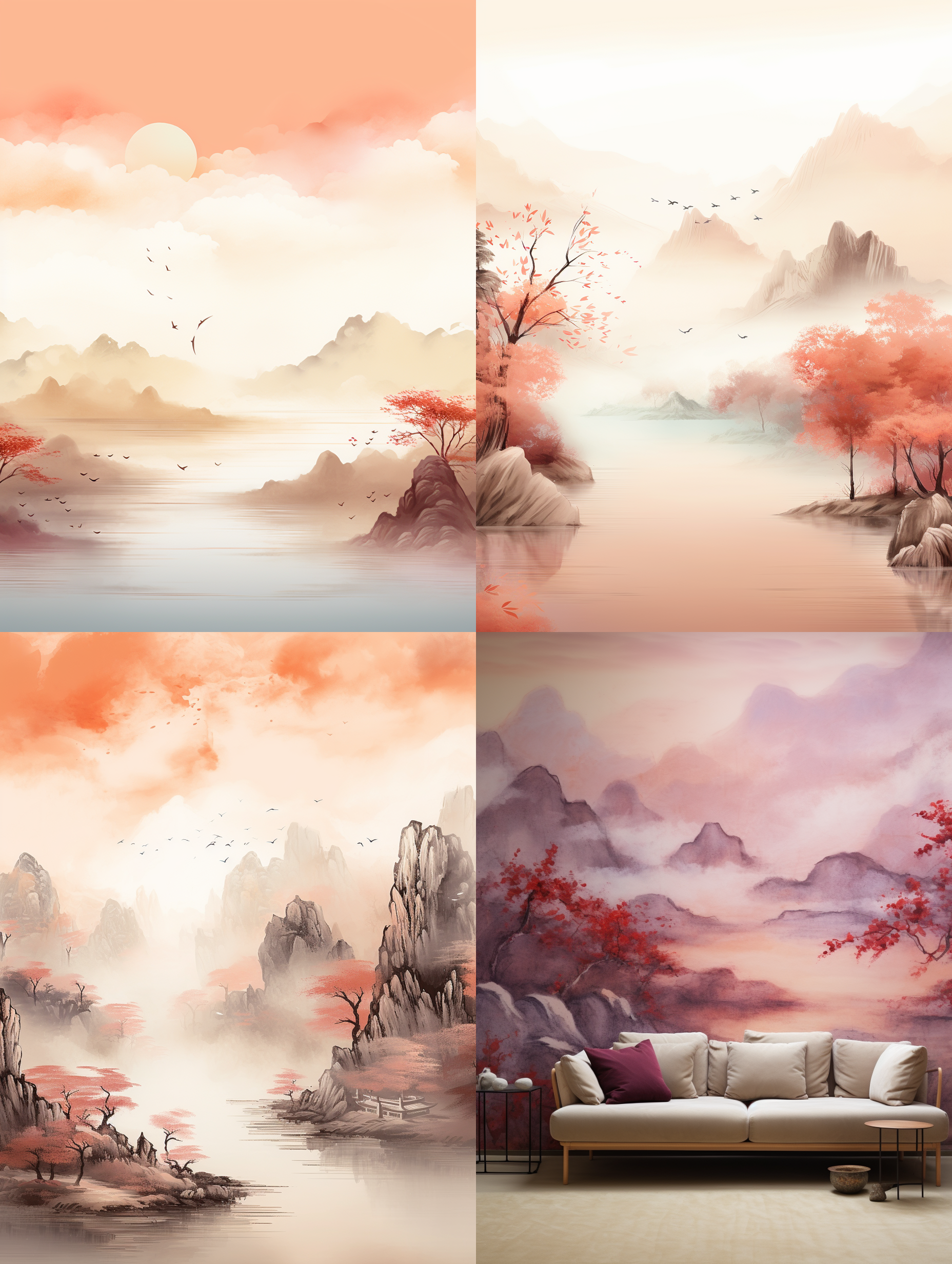 中国风抽象艺术壁纸，水墨画风格，新中式，山水画，纯色背景，中国风，层次感，柔和光线，富有节奏感的笔触，传统元素，和谐色彩，宁静。