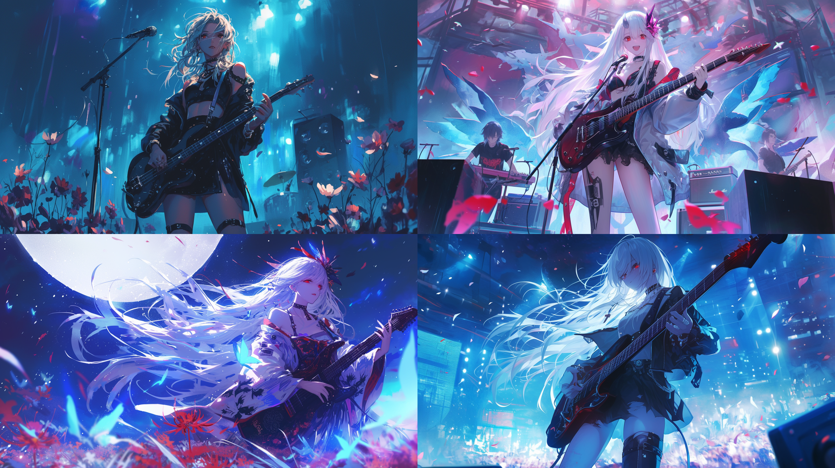 白发长发少年，红色眼睛，帅气的穿着，朋克装，悲伤，休闲装，夜晚，舞台，灯光，五彩斑斓，电子吉他，音响，萤火虫，月光，野花，浪漫，直发，星光