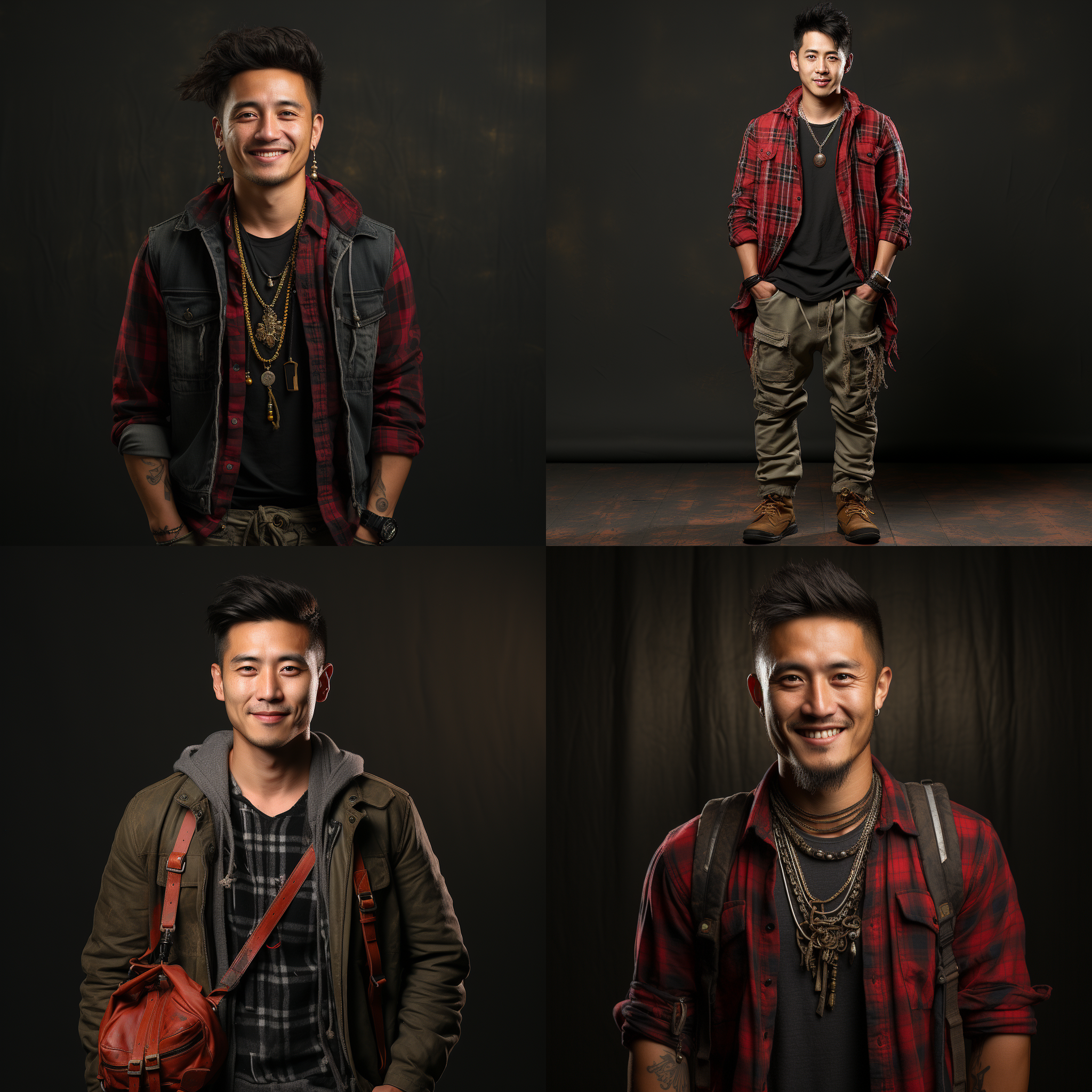a beautiful man,25-years-old,chinese,smile,red and black plaid shirt,fitted jeans,ankle boots,gold necklace,textured rivet bag,studio,gradient grey background,front view,full body,long shot,portrait,symmetric,rembrandt lighting,ultra realistic