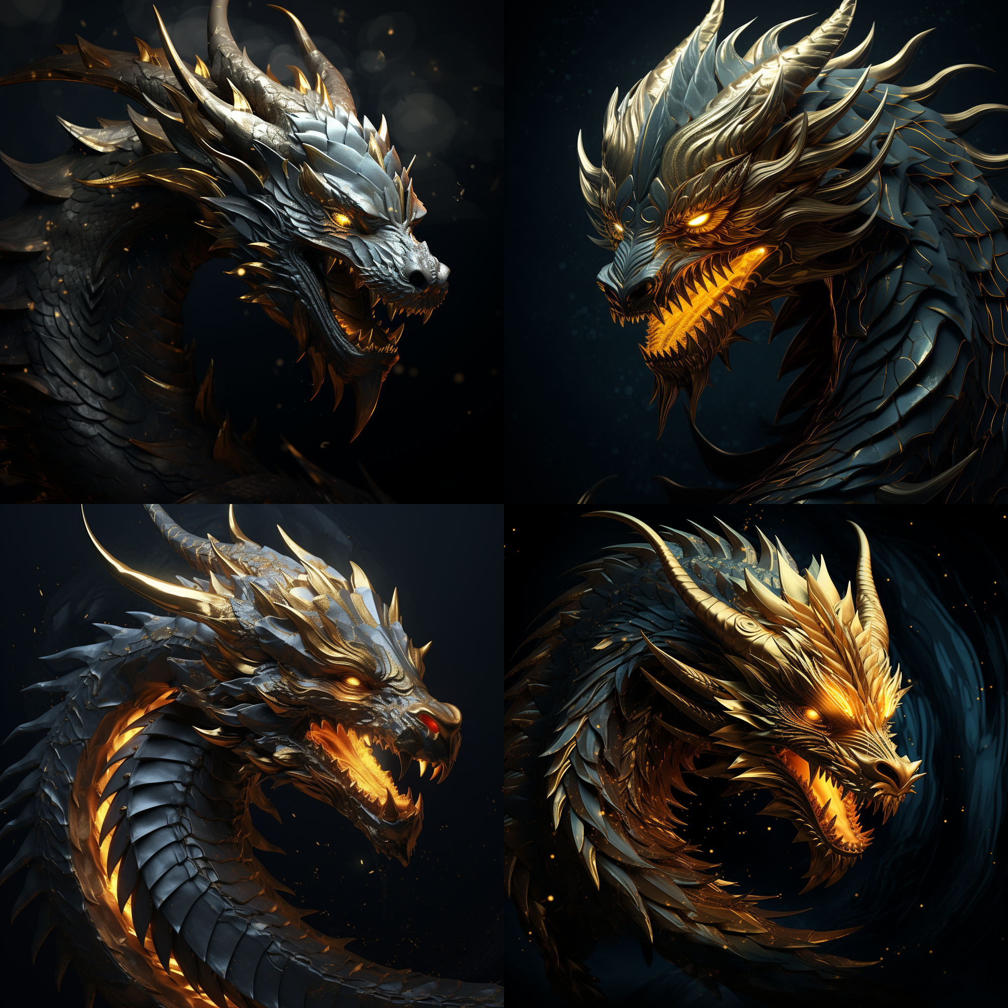 高清壁纸，生肖龙，逼真细节，暗色调，黑背景，龙形身躯，细腻纹理，金色鳞片，炫目光芒，肌肉线条，威严气息。