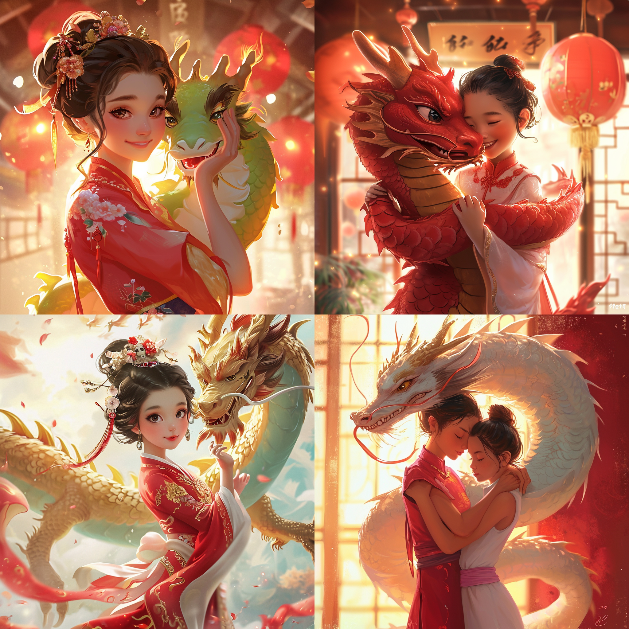 women embrace a cartoon dragon" adopts the style of bryce3d, he jiaying, and steve henderson, featuring light red, cute and colorful, storytelling, and traditional chinese culture