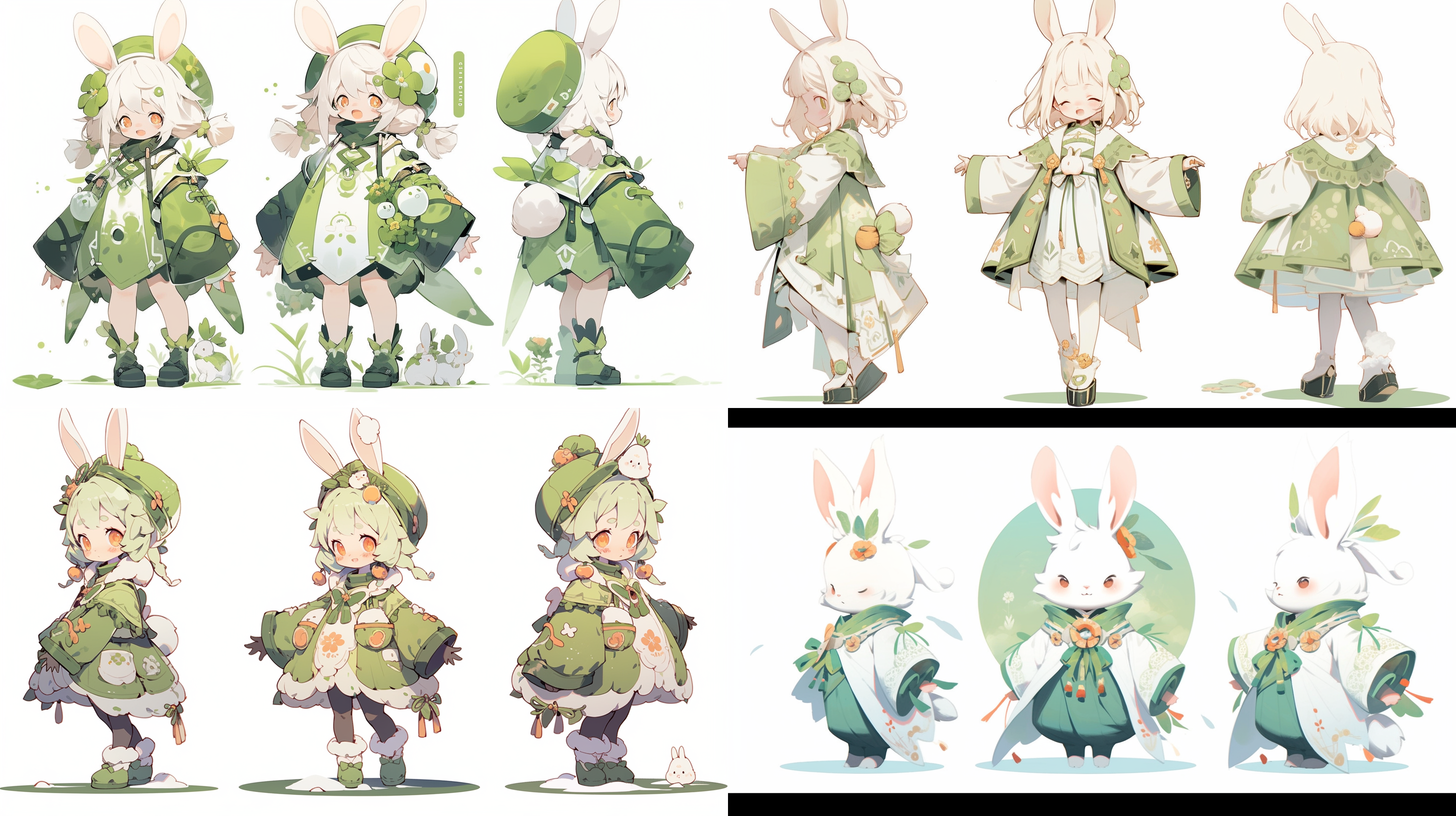 三个视角，前视、侧视和背视，兔子拟人化，国风风格，全身展示，白背景，可爱的表情，明亮色彩，柔和光线，细节丰富，温馨的氛围。 扁平风格 全身 水绿 标志设计