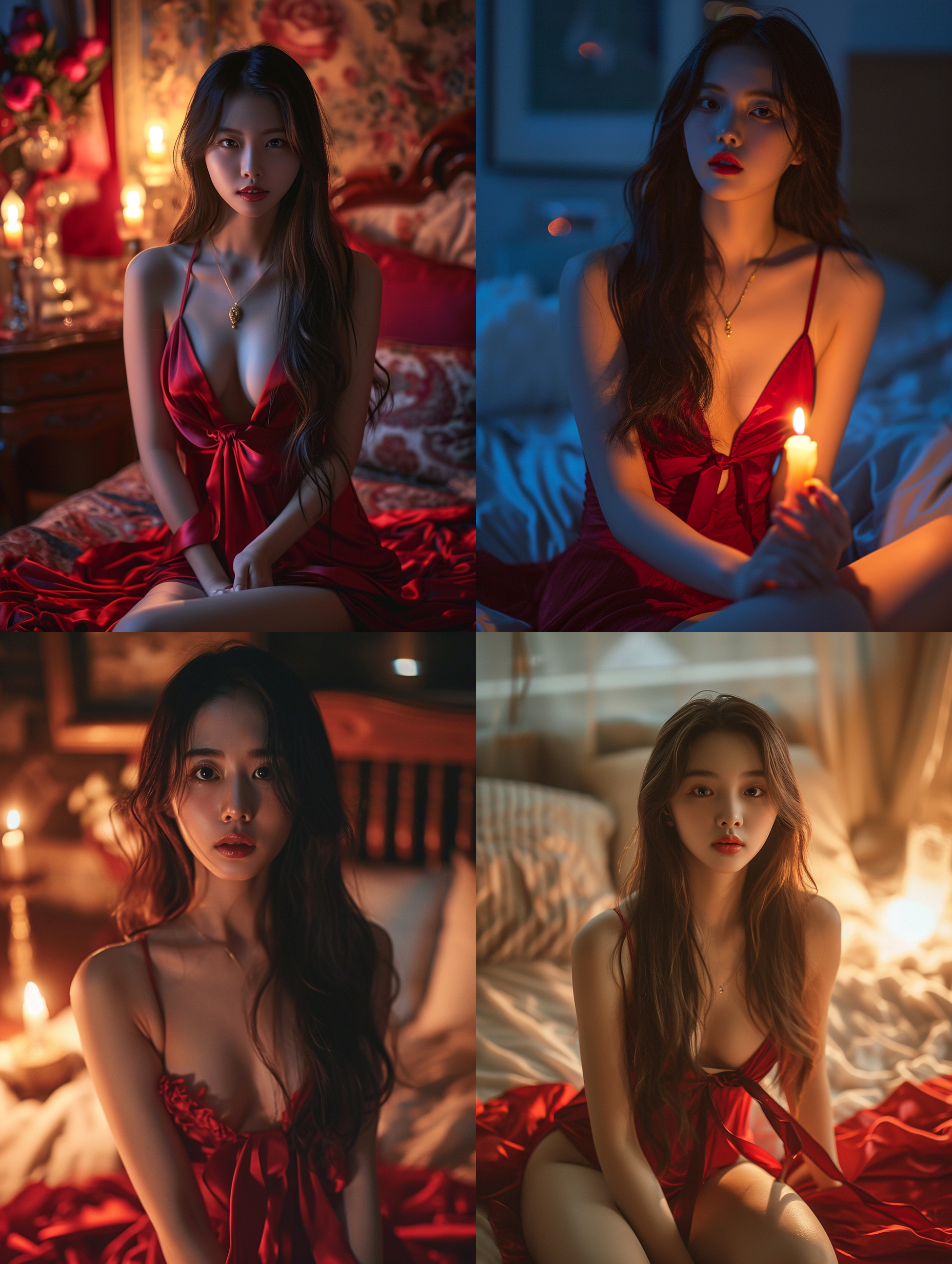 a beautiful asian women with long hair and a bow , wearing red chest-length dresses,facing the camera, beautiful,soft candle light,knees up ,velvet,relaxed,dslr,bedroom,long shot(ls),best quality