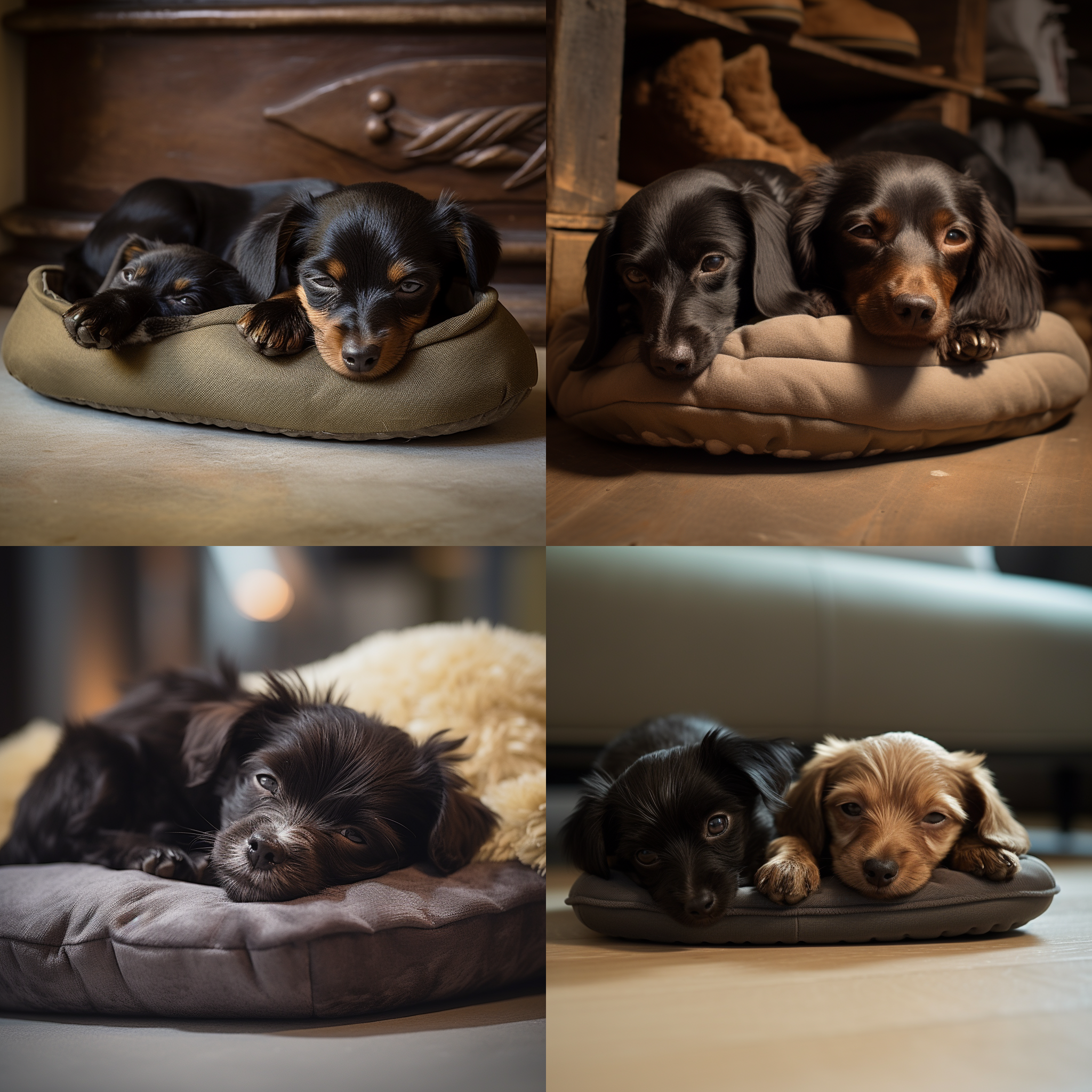 黑色小土狗摇尾巴，趴在拖鞋上的棕色小土狗睡觉。清晰焦点，近景特写，室内环境，自然光，柔和色调，短焦距镜头，静态，可爱，温馨。