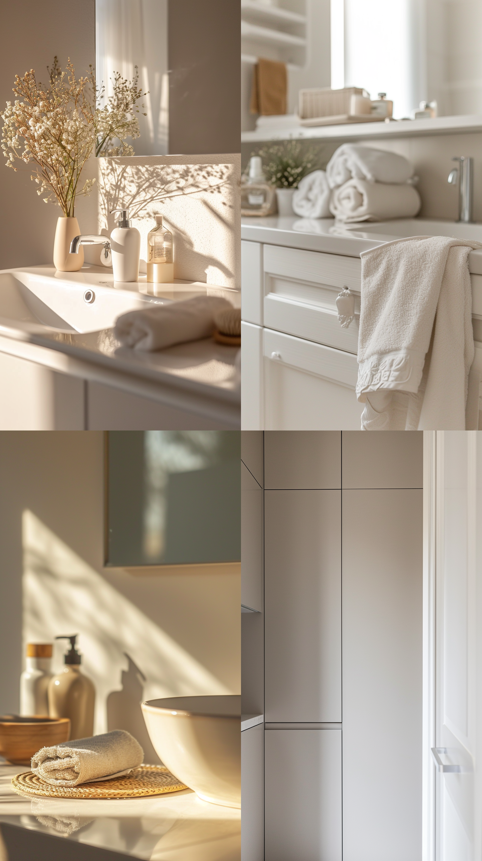 real photo shoot, a corner on the bathroom cabinet, the background is the ikea bathroom minimalism and light background, by conducting professional photography, this photo features a shallow depth of field, focused on the middle ground, shot with a nikon camera, the overall color is a champagne tone, window light, 12:00 noon, very strong light atmosphere, the overall soft and bright, multi-angle, 16k hd photography ar 3:4