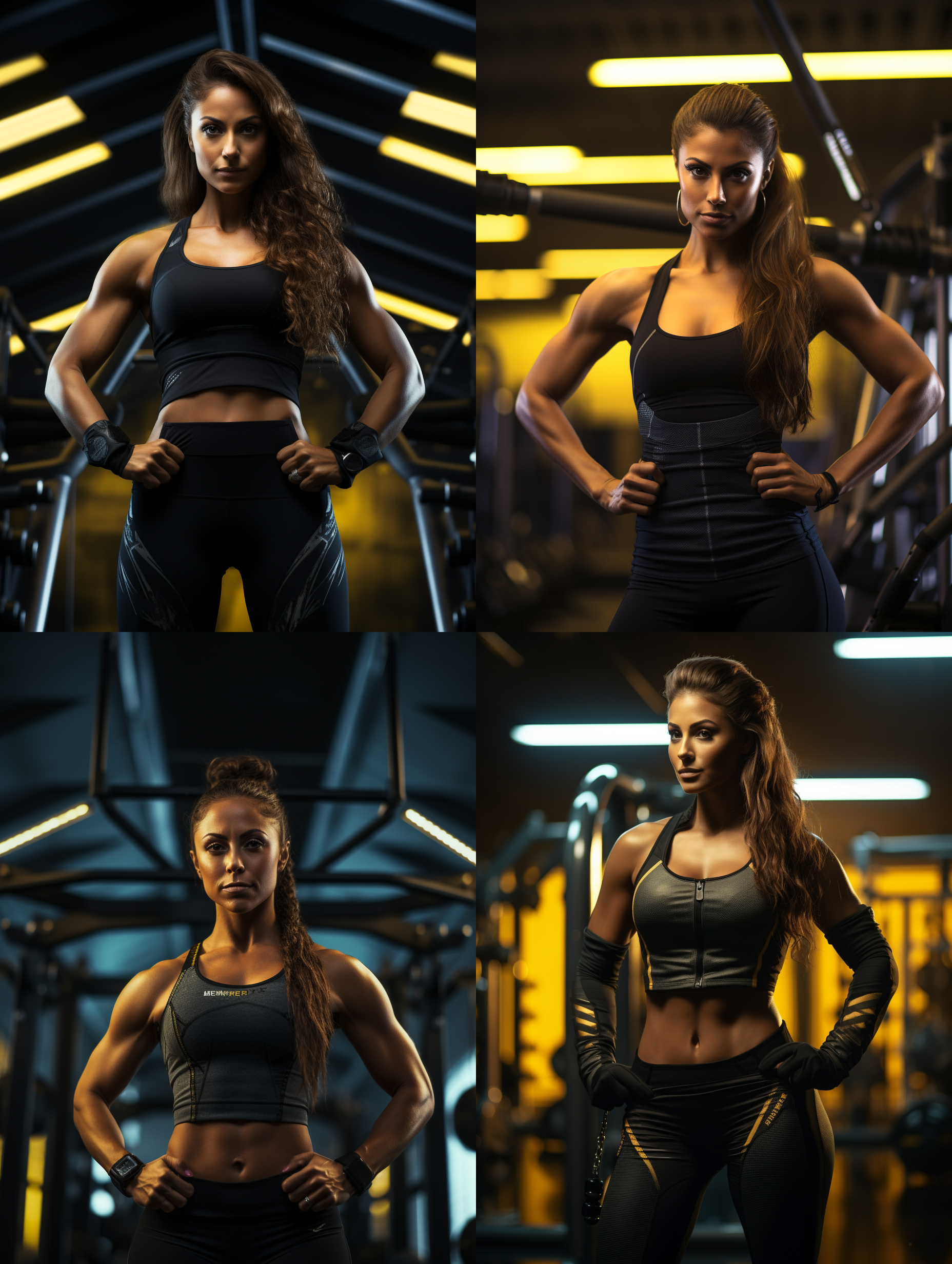 肌肉女，站在健身房里，展示她结实的身体，背景是锻炼器材和器械。明亮的灯光突出她的线条，广角镜头捕捉到全身，强调力量和自信。肌肉紧绷，动作有力，肌肉纹理清晰可见。黑色和金色的配色增强了她的外观，带来了一种坚定和勇敢的情感。